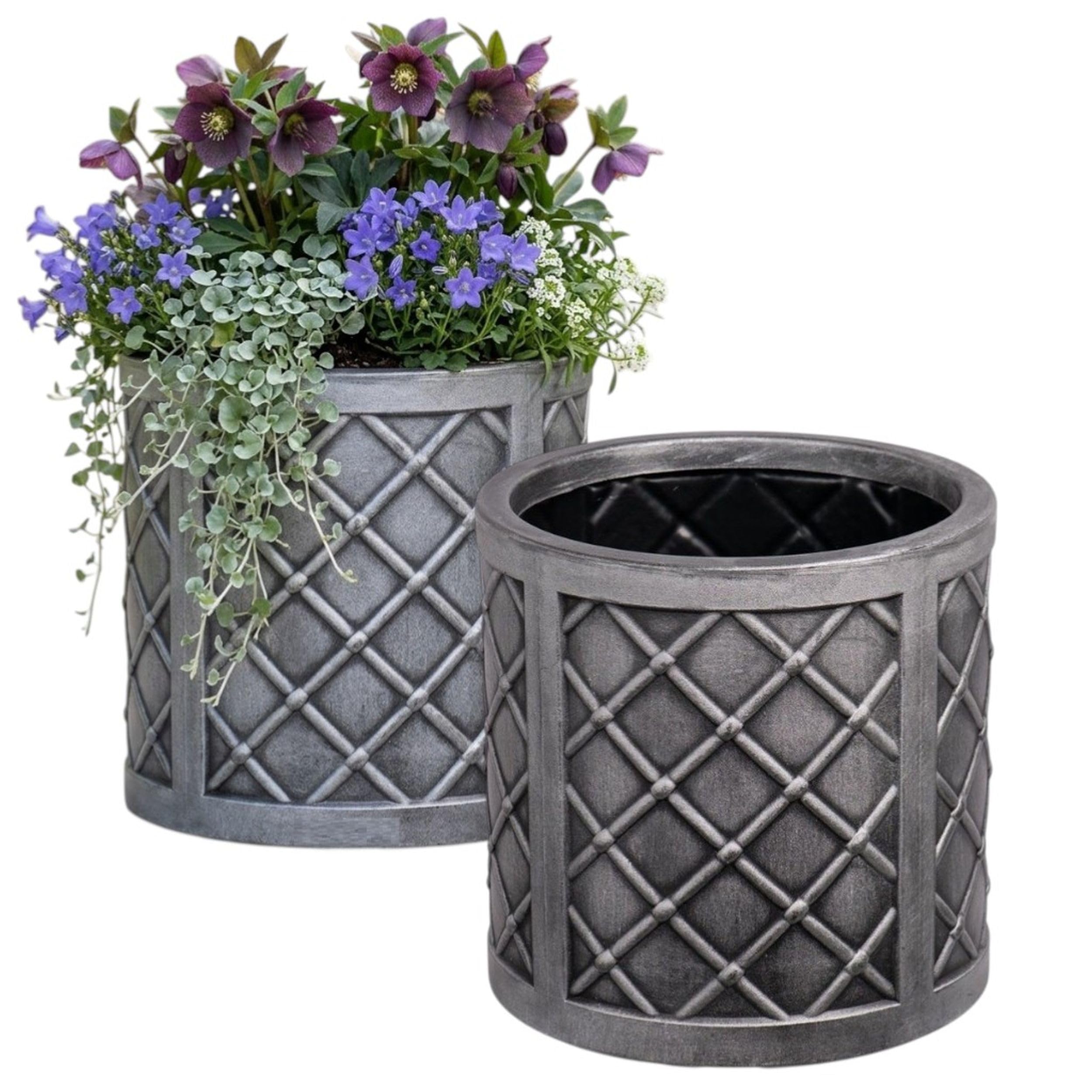 Shop4allsorts Set Of 2 Small Round Lazio Planter - Pewter Grey Outdoor Lazio Pot - Lattice Style Round Plastic Garden Plant Pot - Garden Balcony, Patio Flower Planter 32cm x 32.5cm