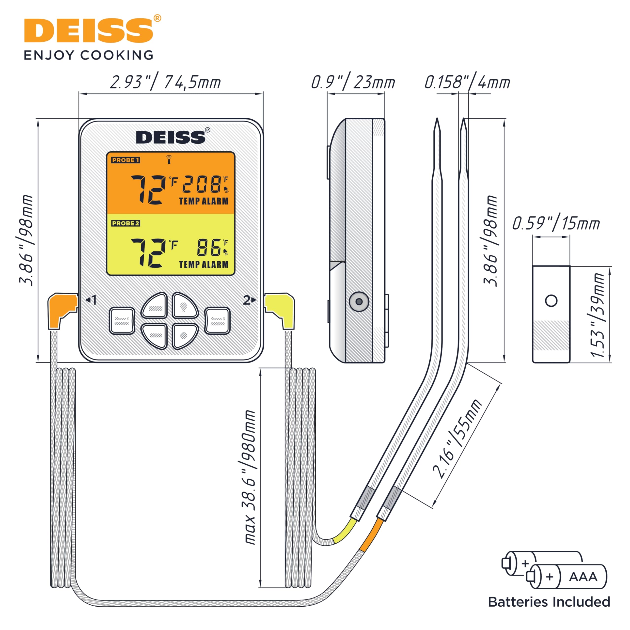 Deiss PRO Bezprzewodowy Termometr do Mięsa Bluetooth – Cyfrowy Termometr Kuchenny z 2 sondami, Termometr do Pieca, Wędzarni, Grilla, BBQ