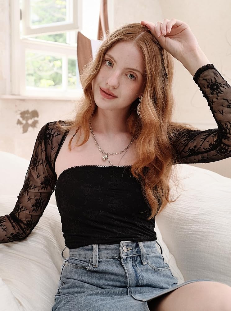 CSDAJIO Women's Going Out Tops Lace Long Sleeve Square Neck Crop