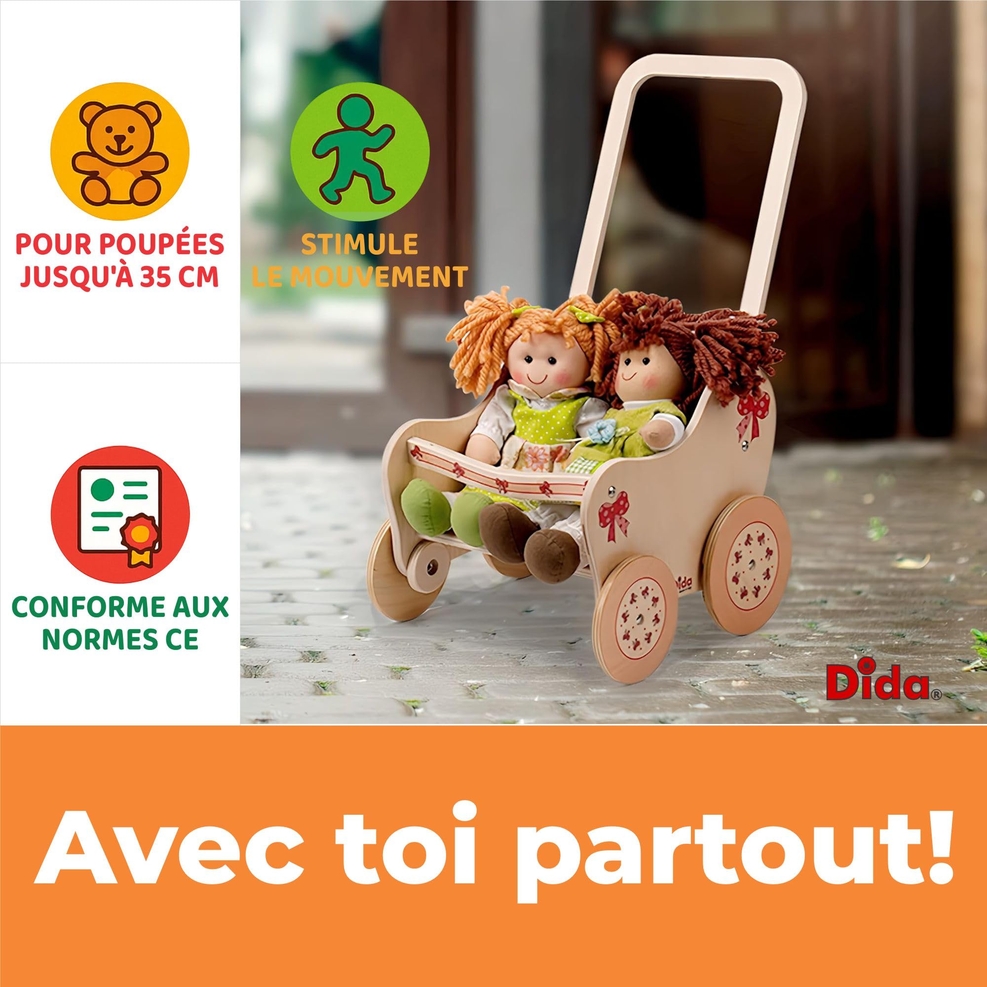 Dida Poussette Nœud pour Poupées - Landau en Bois Élégant, Adapté pour Poupées jusqu'à 35 cm, Parfait pour Jeux de Rôle Éducatifs, Idéal pour Enfants de 2, 3, 4 Ans