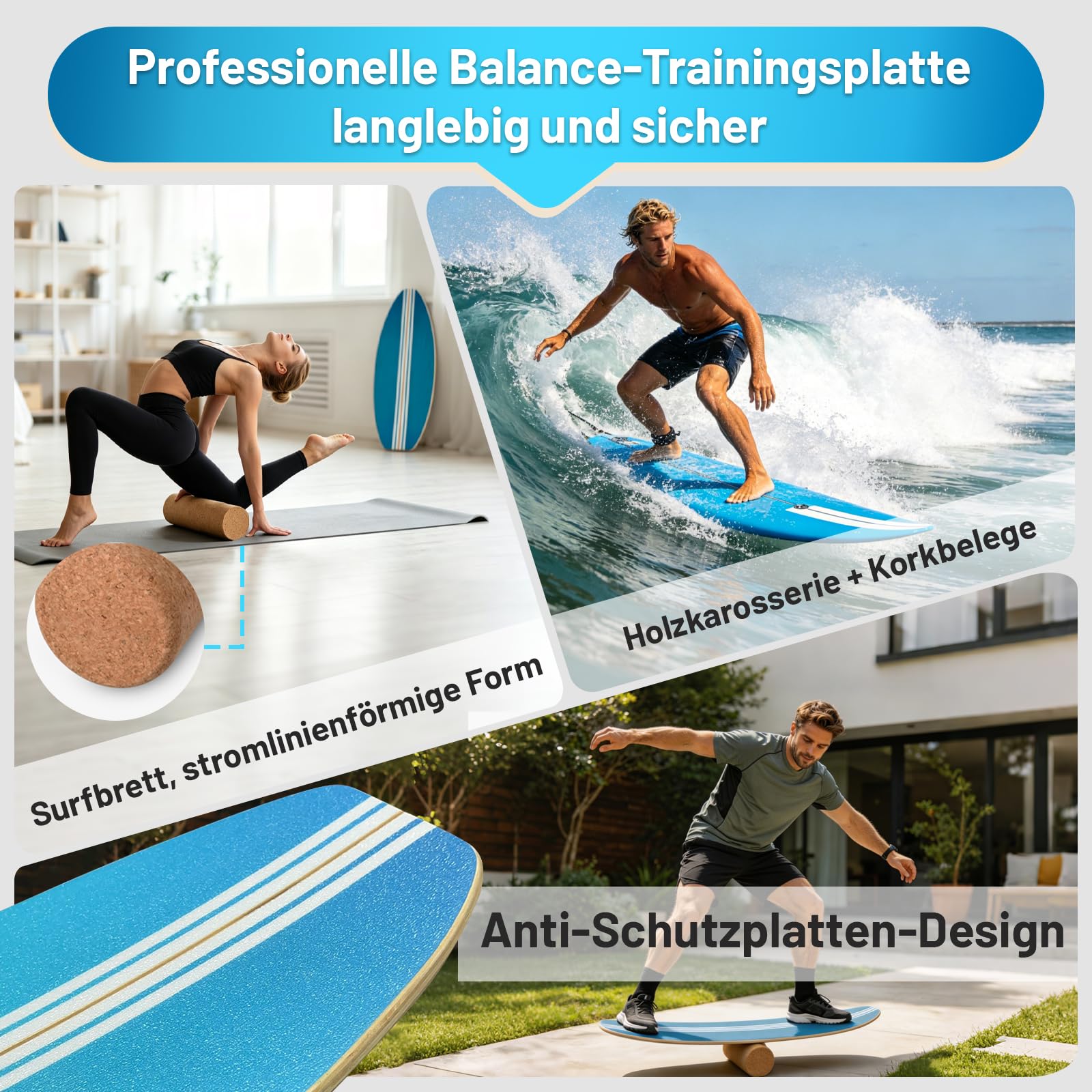 Balance Board Erwachsene Wackelbrett, Gleichgewichtstrainer Holz, Balanceboards für Fitness, Surfin Balance Board, Yoga & Koordination, Korkrolle & Halbkugel und Ball, Rutschfest bis 200kg