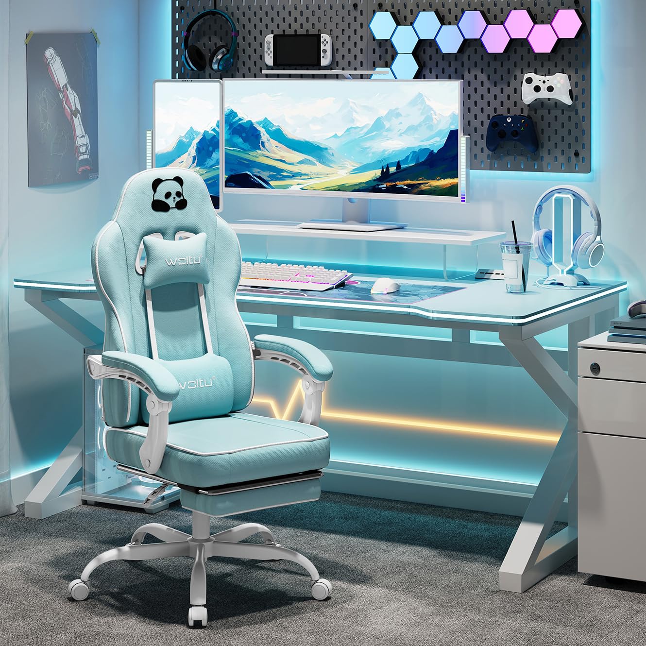 WOLTU Chaise Gaming, Fauteuil Gaming, avec Coussin à Ressorts Ensachés, Chaise Ergonomique, Charge 150kg, Appui-tête, Support Lombaire, Repose-Pieds, Tissu Maille, Bleu Clair