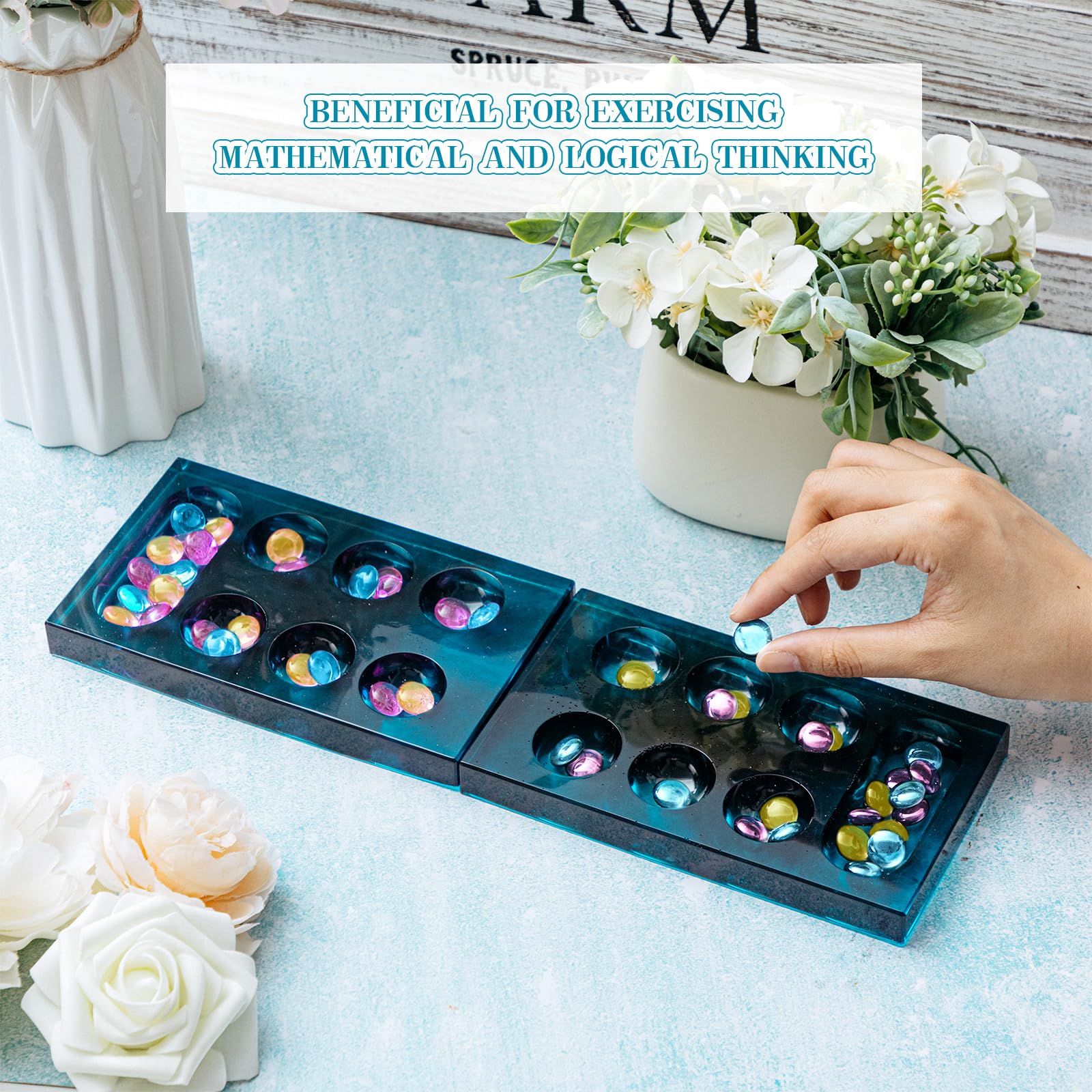 Zhehao Mancala Board Game Molds Set Epoxy Silicone Resin Molds Kit with 2 Pcs Mancala Stones Molds 4 Pcs Metal Mancala Accessories Mancala Board Resin Game Molds for Gifts DIY Family Party Board Games