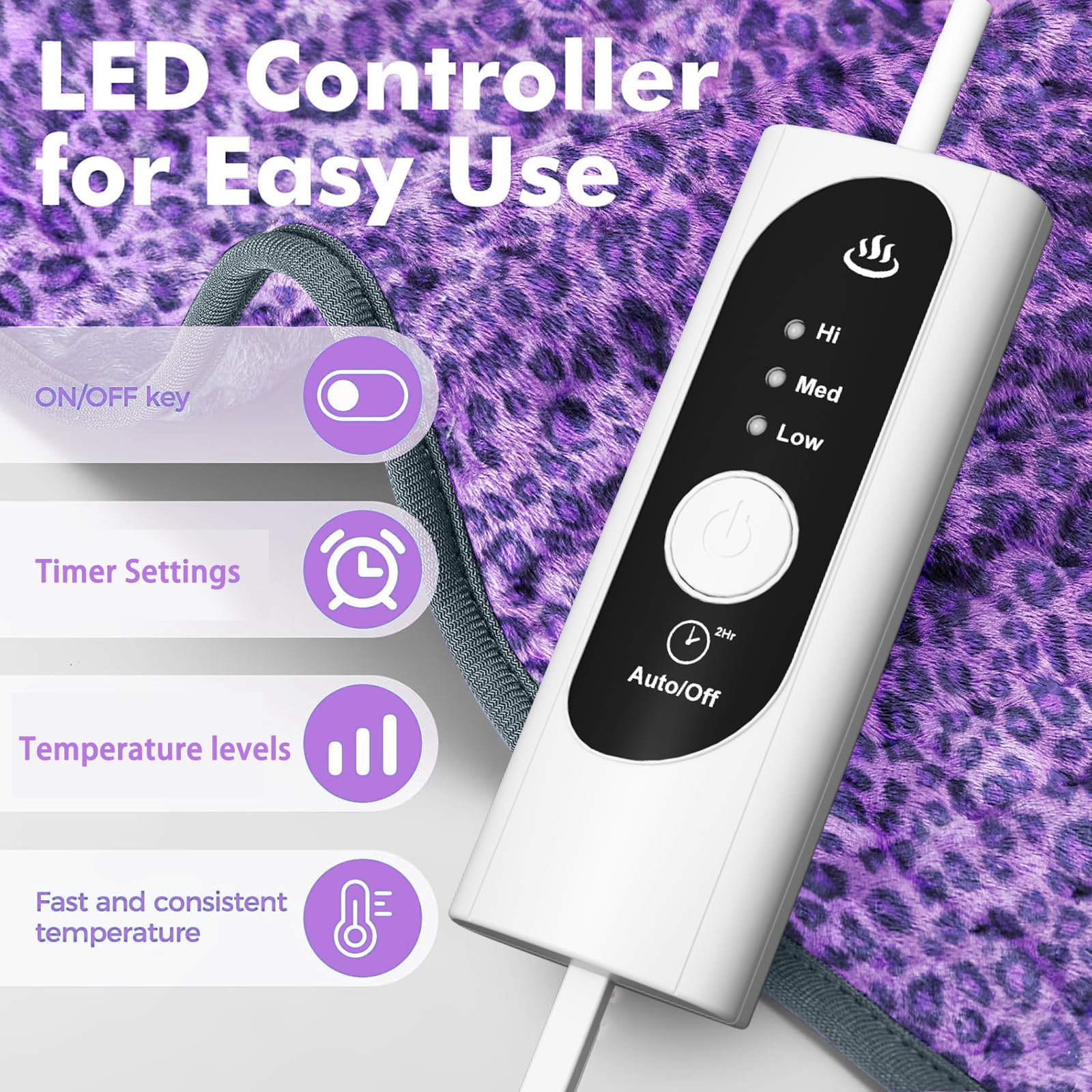 Heating Pad for Back, Neck, and Shoulder Pain Relief, Auto Shut Off, 3 Heat Settings, Extra Large 12 x 24, Ideal for Muscle Aches and Arthritis Pain(Purple Leopard Print)