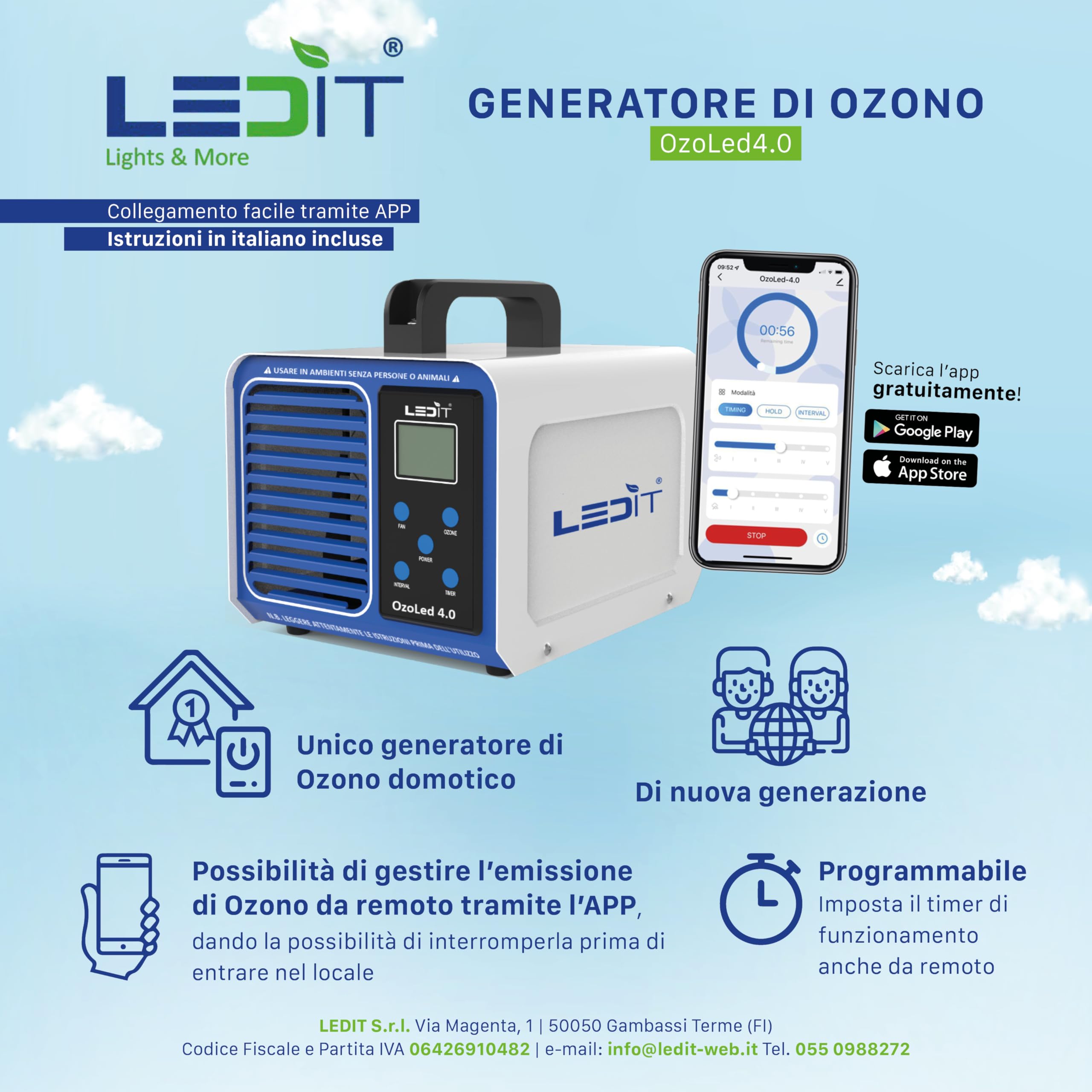 LEDIT Generatore Ozono Domotico 4.0 10.000mg/h Progettato in Italia–Ozonizzatore Professionale 0-200 m² –Purificatore d’Aria Certificato CE&CNR–Timer,Controllo Remoto App,Uffici Garage Auto Casa Hotel