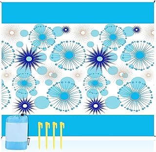 Gukasxi Beach Blanket Beach Mat, Extra Large Picnic Blanket Picnic Mat 210 x 200cm Waterproof Sand Proof Picnic Blanket with 4 Zipper Pockets for Beach, Camping, Hiking, Picnic (Blue-sun flower)