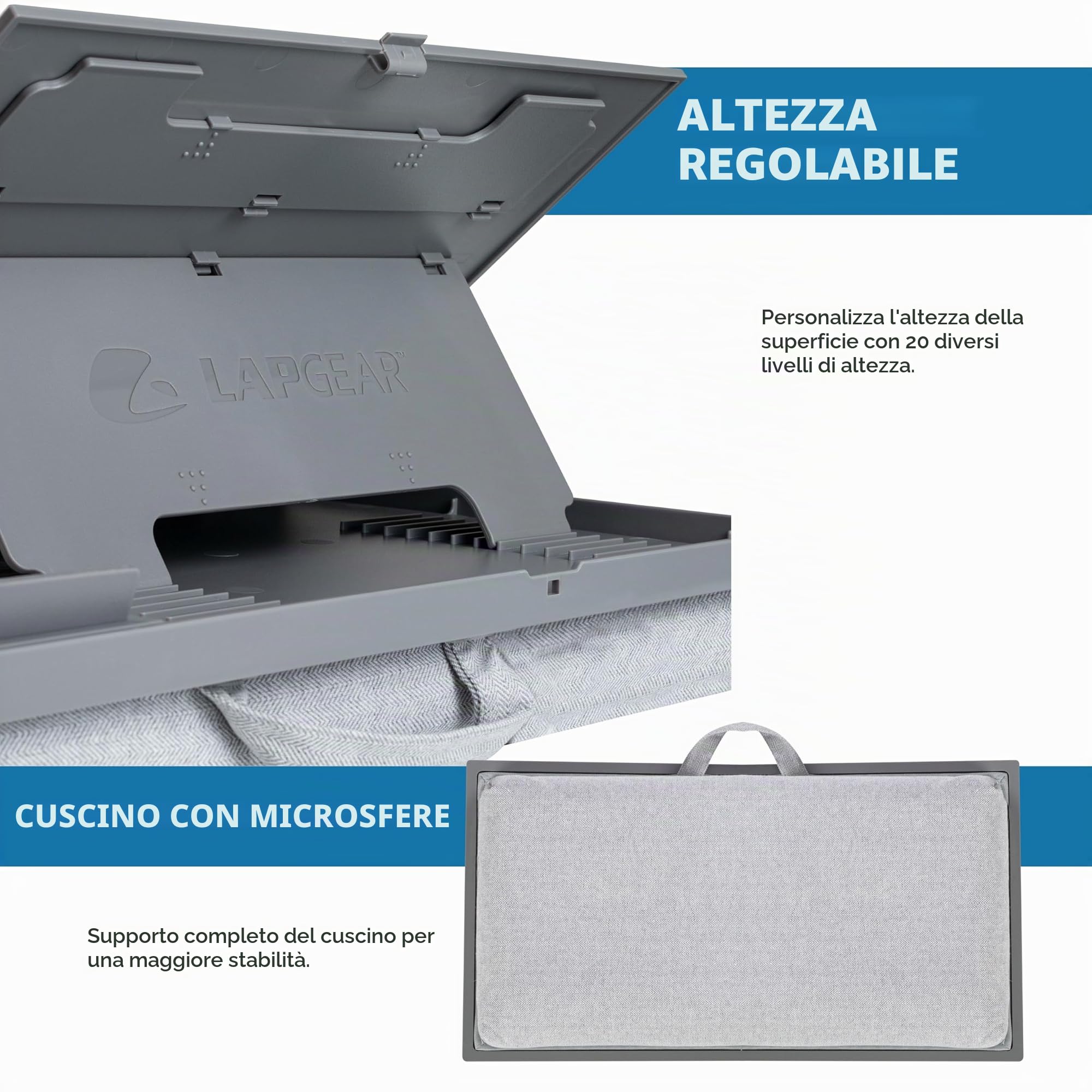 LAPGEAR Ergo Pro 49405 - Scrivania con 20 angoli regolabili, tappetino per mouse e supporto per telefono, adatta per laptop e tablet fino a 15,6", colore: Grigio