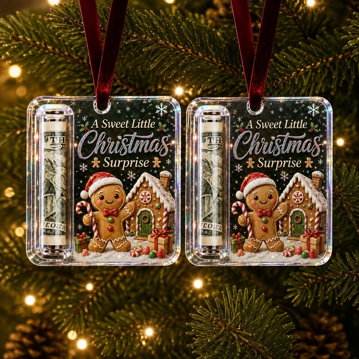 Christmas Cash Gift Holder Ornament, Acrylic Money Holder to Hold Cash Xmas Tree Hanging Pendant, Clear Holiday Money Storage Decor for Stocking Stuffer, Secret Santa Gift Giving