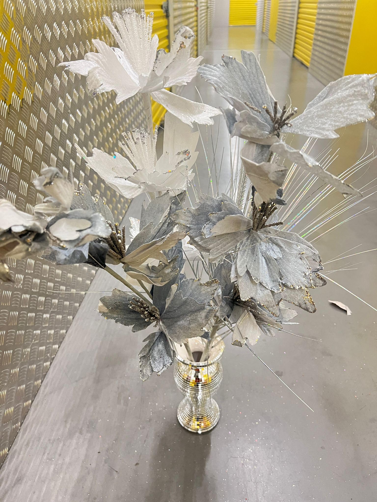 JAYOGLA Artificial Bloomer Flower Ornament Glitter Flowers for vase home decoration, Bunch Of Artificial Flowers (White and Silver L)