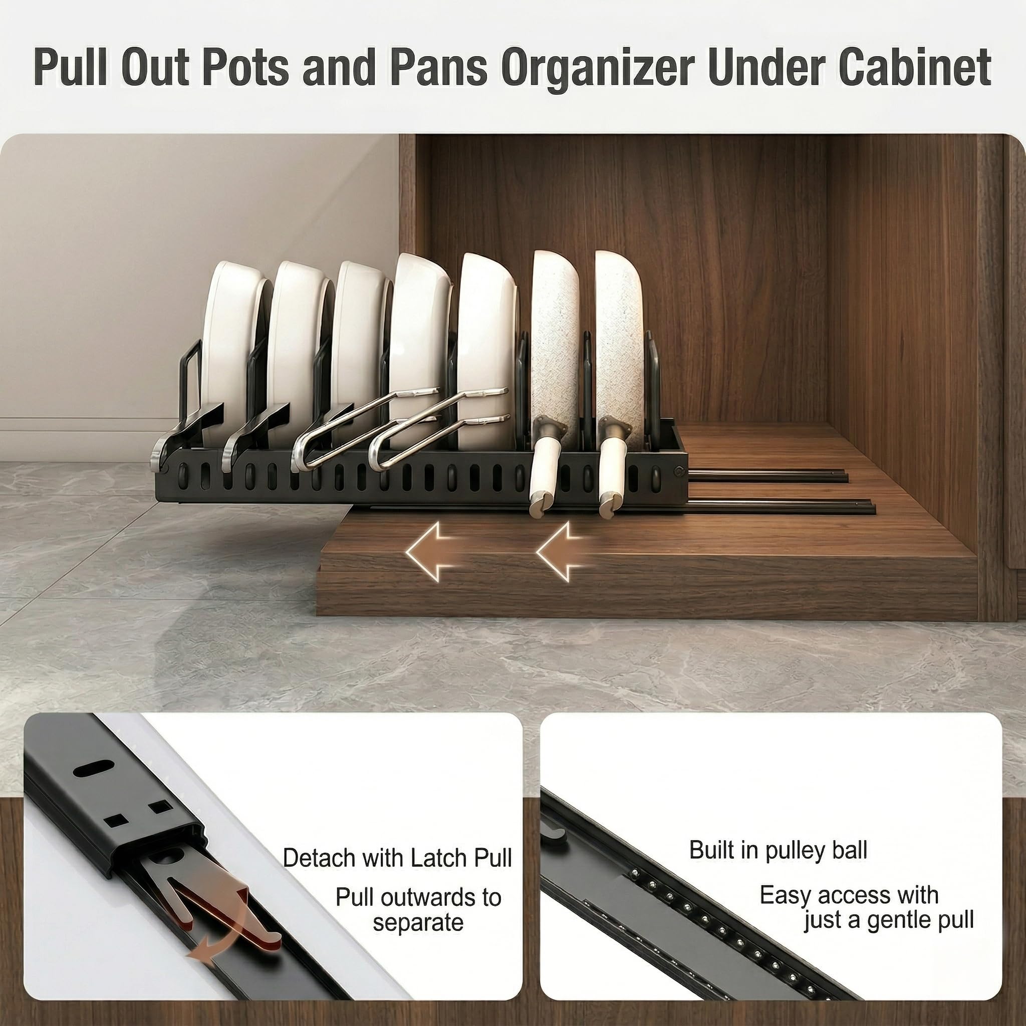 2 Piezas Organizador Cocina Ollas y Sartenes, Deslizante Organizador Tapas Ollas con 8 Compartimentos Ajustable，Organizador Sartenes y Ollas Cajon，Soporte Sartenes，Negro