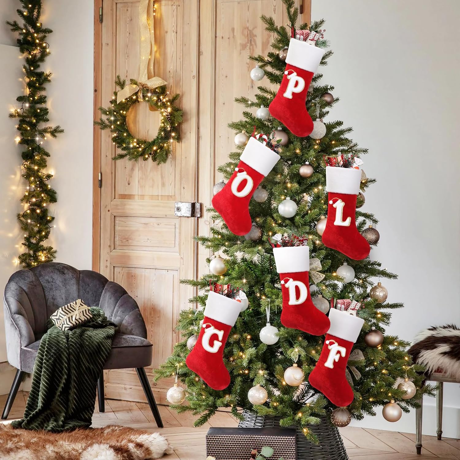 NIBESSER 18 Inches Monogram Christmas Stockings with Letters, Large Super Soft Christmas Stockings Red Velvet with White Soft Plush Cuff for Christmas Xmas Tree Holiday Fireplace - Image 5