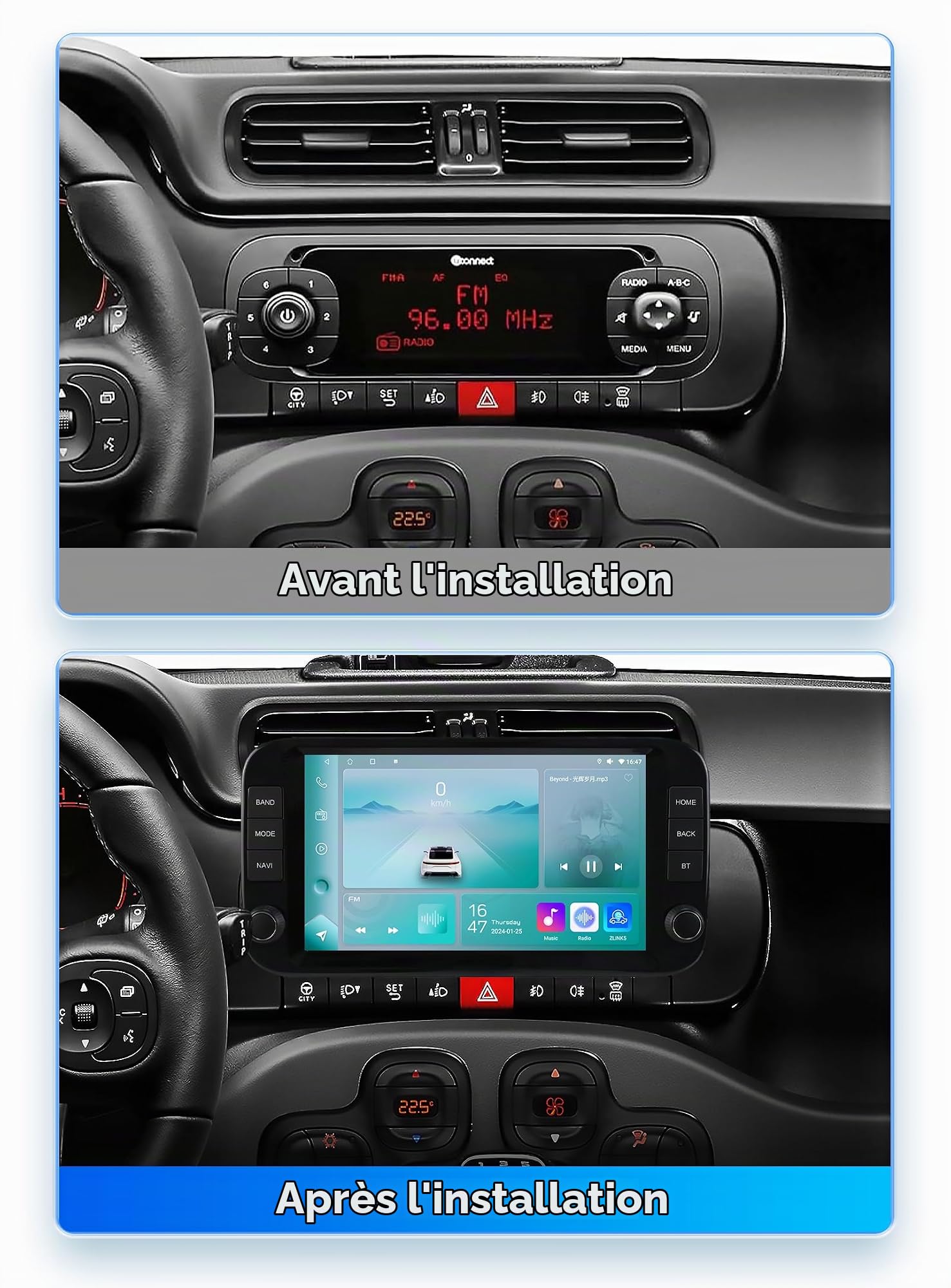 Ossuret Autoradio pour Fiat Panda (2013-2020), 9 Pouces Android 14 écran Tactile 2+32 Go Navigation GPS avec Carplay Android Auto WiFi Bluetooth USB Commande au Volant DSP TPMS OBD2 Dab+