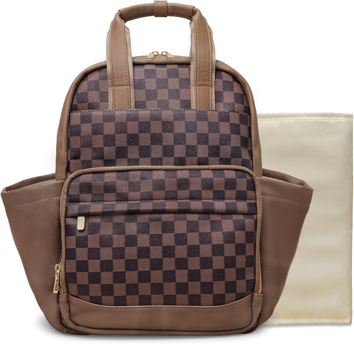 Bolsa de pañales pequeña - Mochila para pañales para bebés Bolsa de pañales a cuadros con cambiador Mochila para bebés para viajes Guardería Mamá Mochila para pañales Pañaleras Para Bebe para mamá y papá -Café