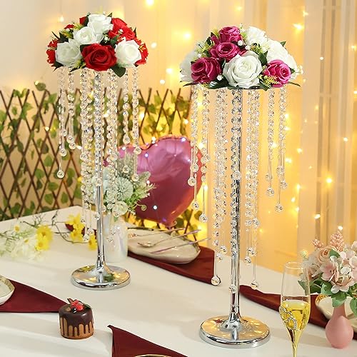 Miniatura 6 de Bigsee 2 soportes de flores de cristal de 21.65 pulgadas, centros de mesa para mesas, soporte de arreglos florales de metal dorado de mesa, jarrones
