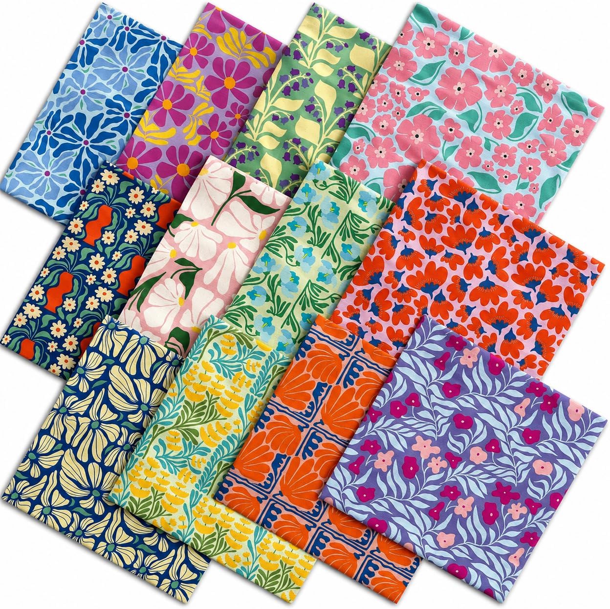 JarThenaAMCS 12Pcs Bright Floral Cotton Fabric Bundles Fat Quarters Colorful Flower Leaves Quilting Patchwork for DIY Sewing Craft Decor, 18 x 22 Inch