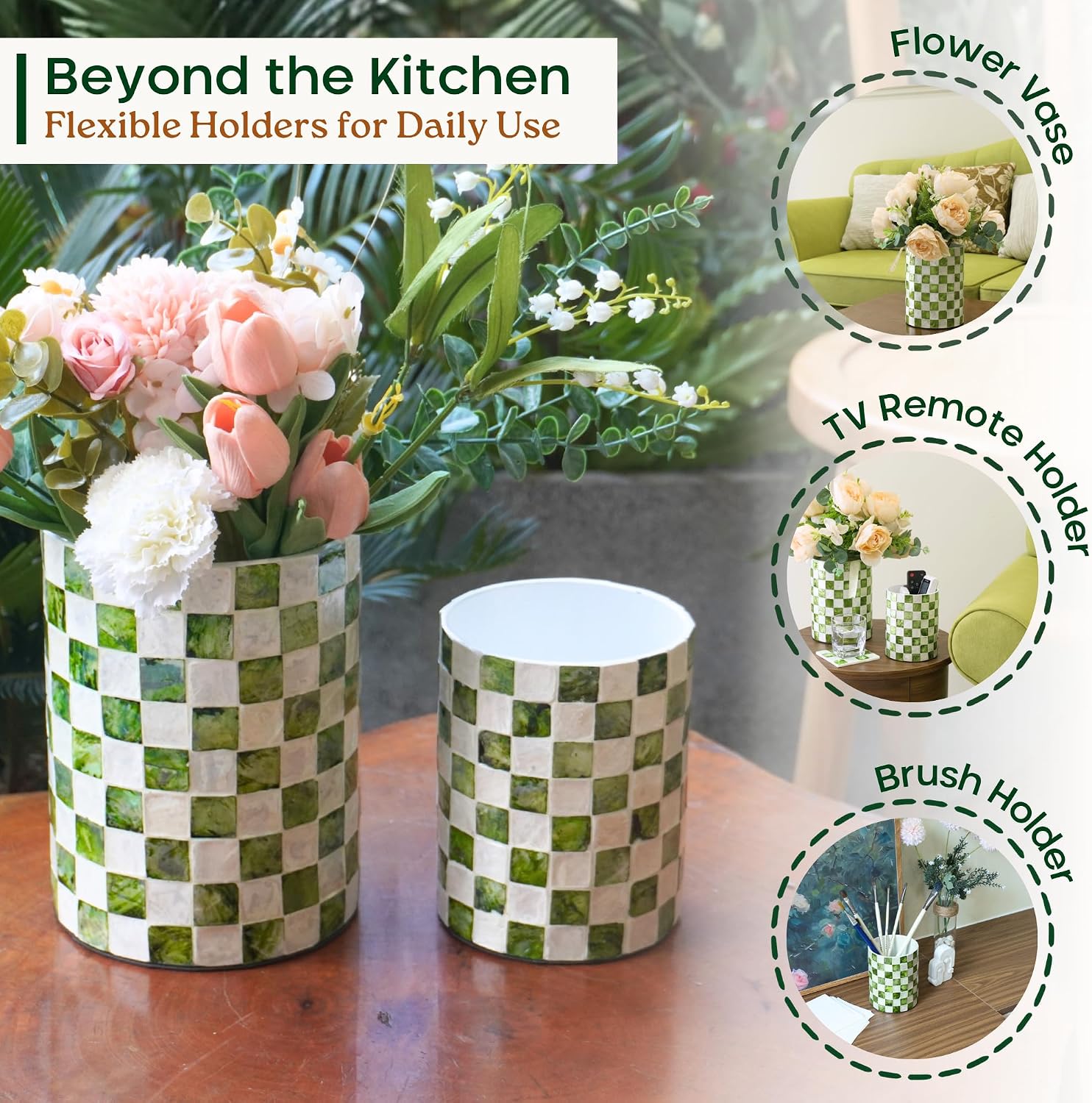 Chi An Home 7,4"+5.8" Capiz Pistachio Green Checkered Utensil Holders Set 2