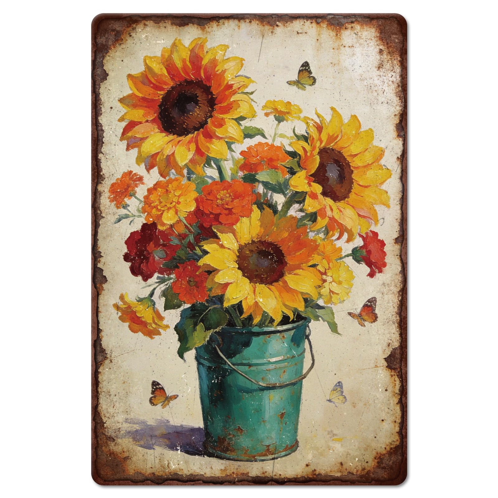 GLOBLELAND Vintage Sunflower Bucket Metal Tin Sign 12x8 inch Spring Flowers Tin Signs Retro Painting Butterfly Metal Wall Poster Plaque for Home Garden Patio Sunroom Art Studio Tea Room Decor