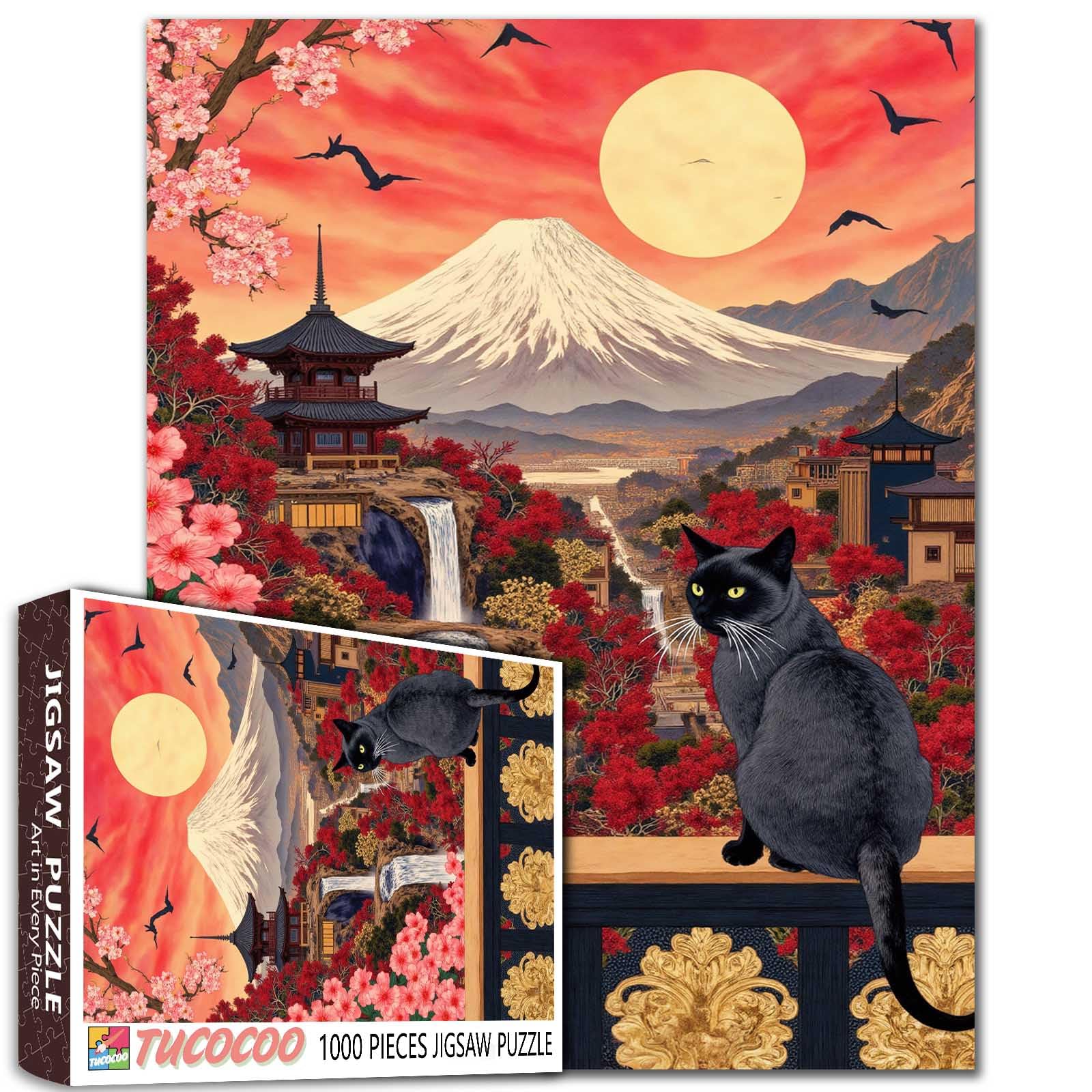 Black Cat with Mount Fuji 1000 Piece Jigsaw Puzzle for Adults Students Japanese Landscape Red Sky Waterfalls Cherry Blossoms Vibrant Colors Art Jigsaws 20X27 Inches Relaxing Challenging Puzzles