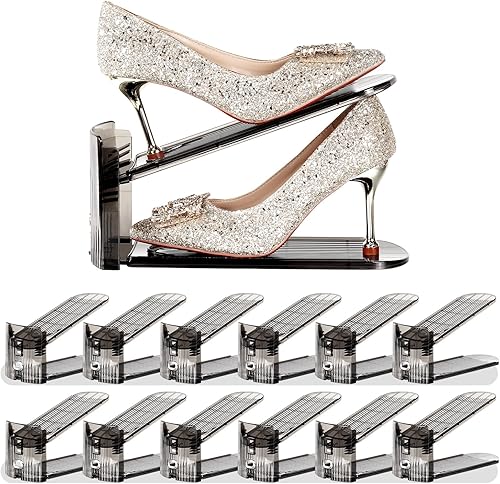 Vista 9 de Organizador de ranuras para zapatos, paquete de 12, apilador de zapatos, 3 niveles ajustables, ahorro de espacio del 50%, soportes de doble capa