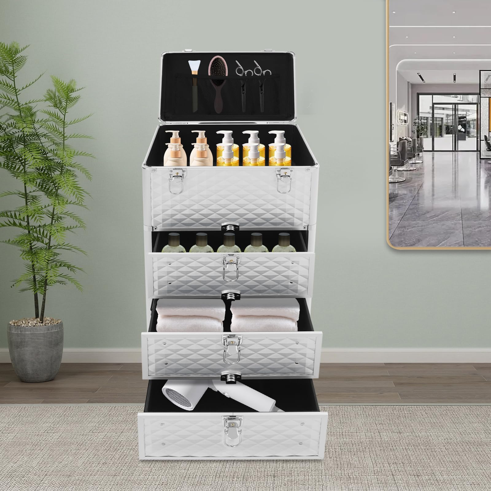 Schminkkoffer Rollen, Professioneller Makeup Koffer mit 3 Schubladen, Großer Aluminium Kosmetikorganizer mit Sicherheitsschloss, Teleskopgriff & Leisen Rädern für Visagisten, Hochzeiten, Reisen