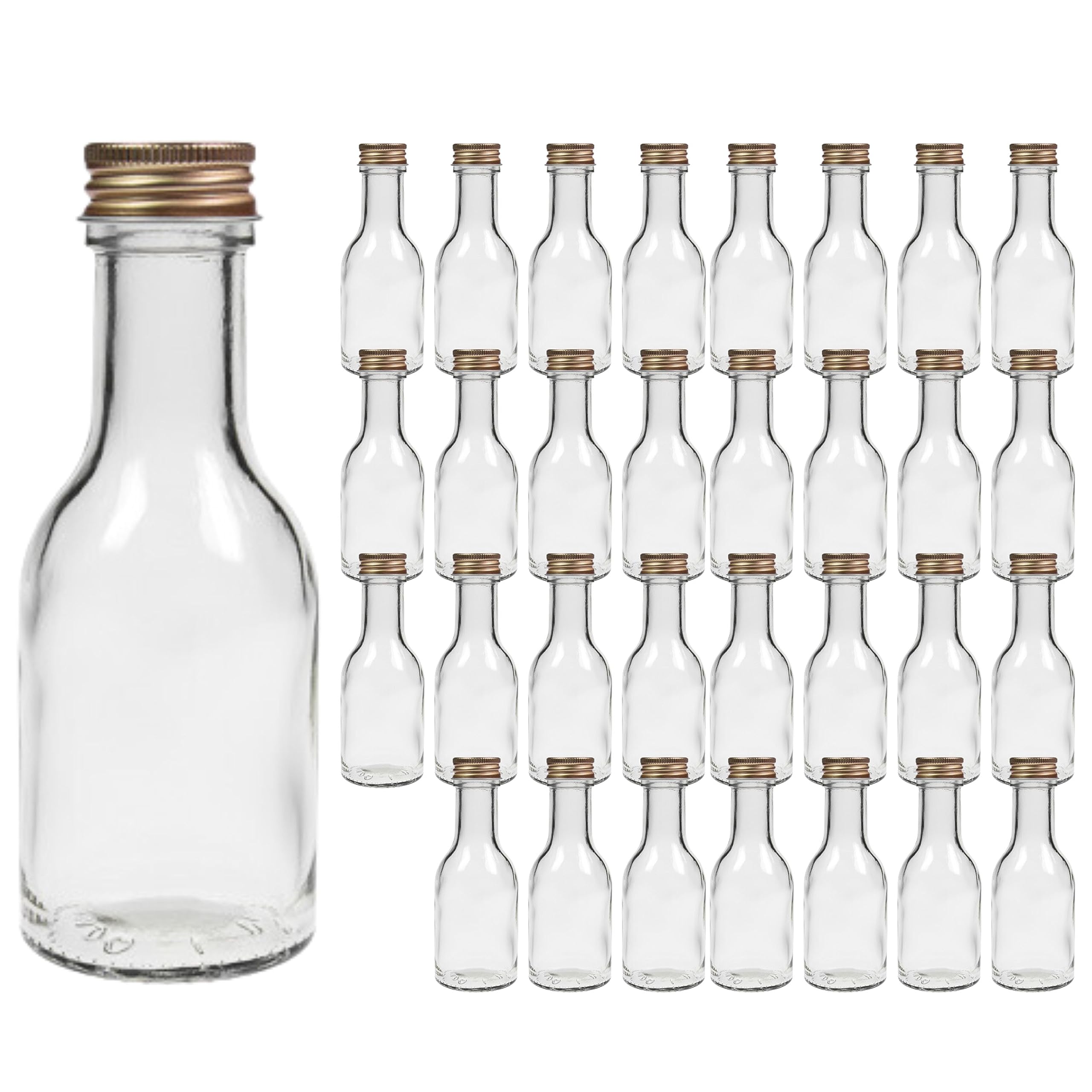 Viva-Haushaltswaren - Juego de Botellas de Cristal (con tapón de Rosca, 32 Unidades, 100 ml, rellenables, Incluye Embudo Blanco de 5 cm de diámetro)