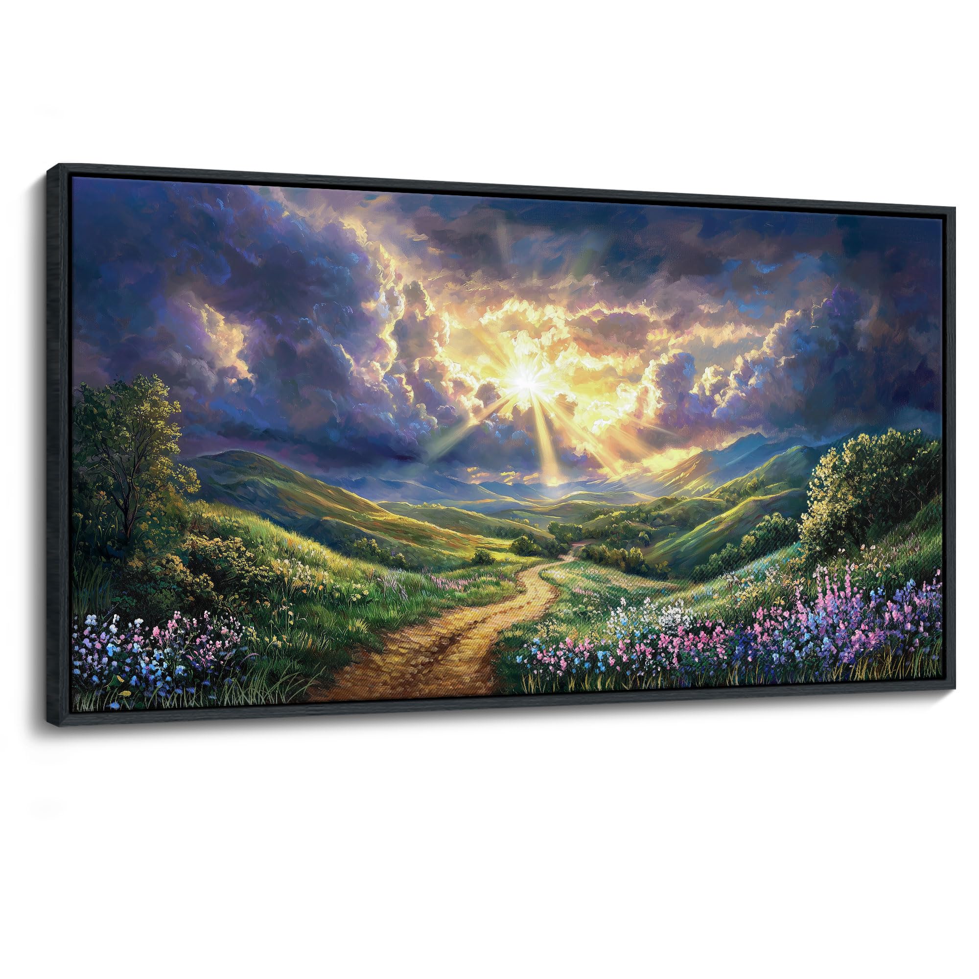 HKDGOKA Large Landscape Wall Art, Green Mountains Purple Clouds Flower Scenery Canvas Pictures Paintings Framed Artwork for Living Room Bedroom Office Kitchen Home Wall Decor 29x58 IN