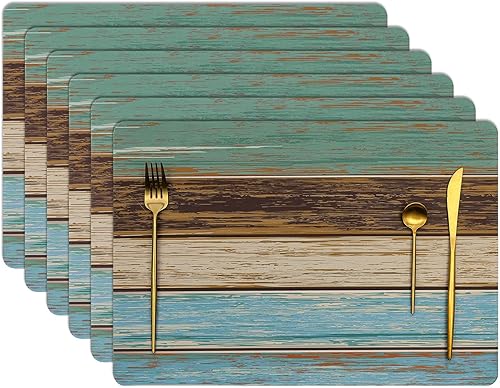 U'Artlines Juego de 6 manteles individuales retro con textura de madera rústica, resistentes a las manchas, impermeables, salvamanteles para platos