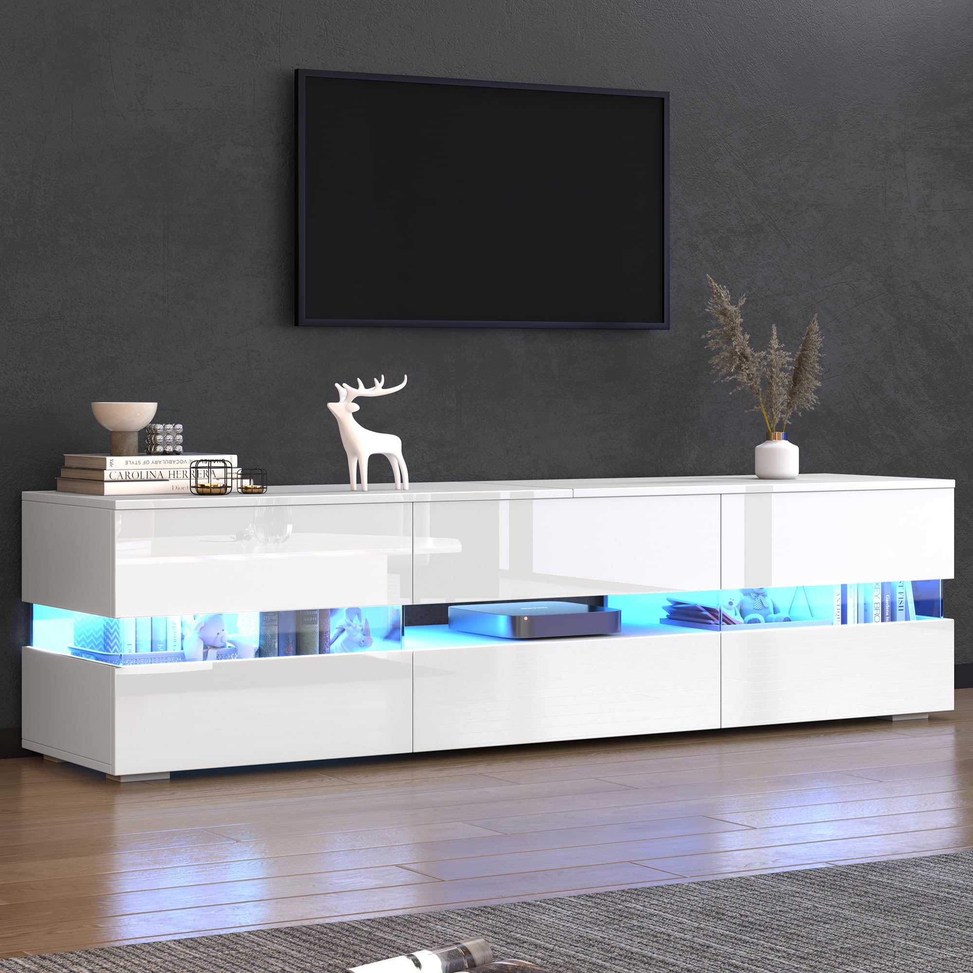 Mueble moderno para TV de alto brillo, 160 x 39 x 45 cm, con iluminación LED, 2 puertas, 1 cajón, compartimento abierto, apto para televisores de 70 pulgadas, con inserto de cristal acrílico y