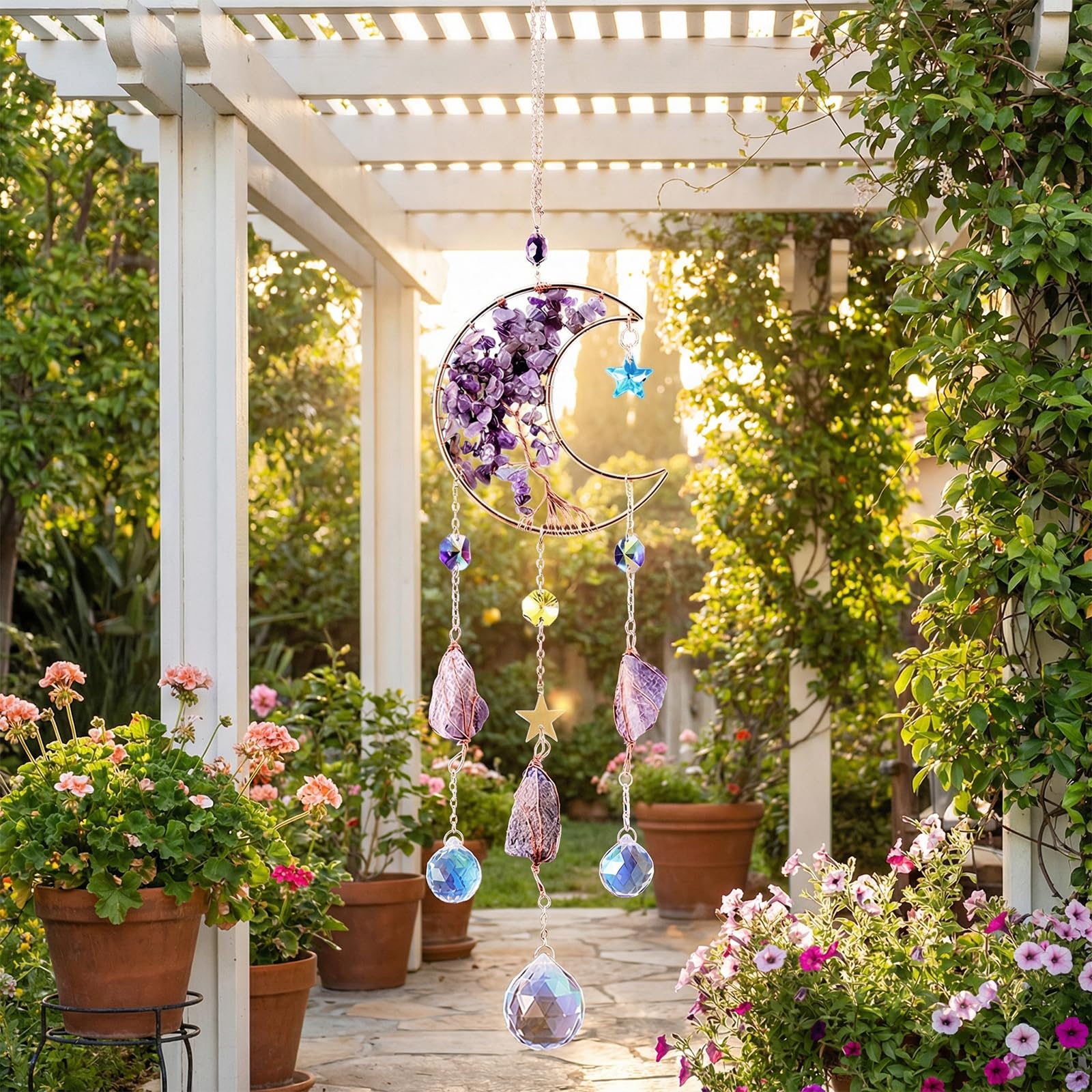 Atrapasoles Cristal Colgante 40cm, Luna y Estrella, Bola de Cristal, Cristales para Colgar, Campana de Viento para Casa Jardín Oficina Ventanas Campanas Coche Fiesta Boda Decoración, Regalos Mujeres