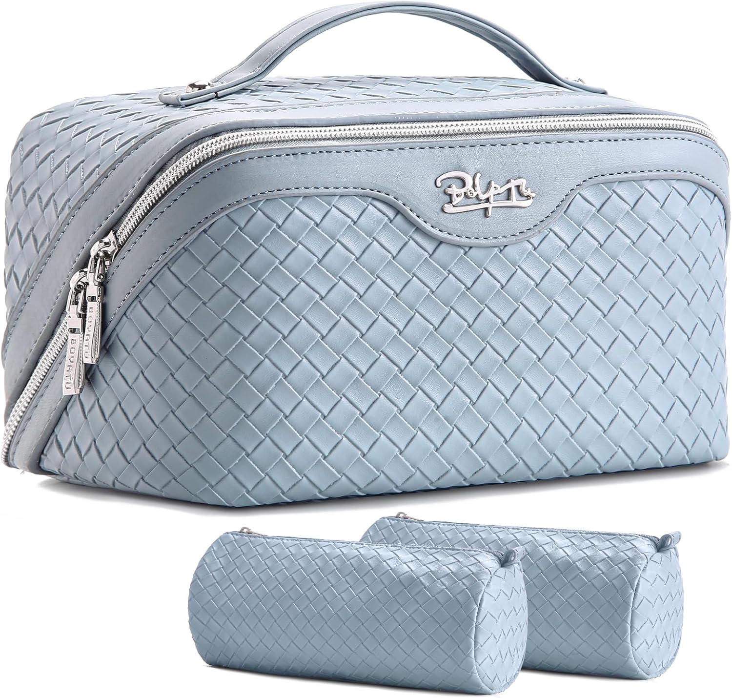 BOYATU Travel Makeup Bag Cosmetic Bags for Women: Large Capacity 3 Pcs Set Make up Bag with Compartments - Waterproof Vegan Leather Toiletry Organizer Bags with Handle (L04 Light Blue)