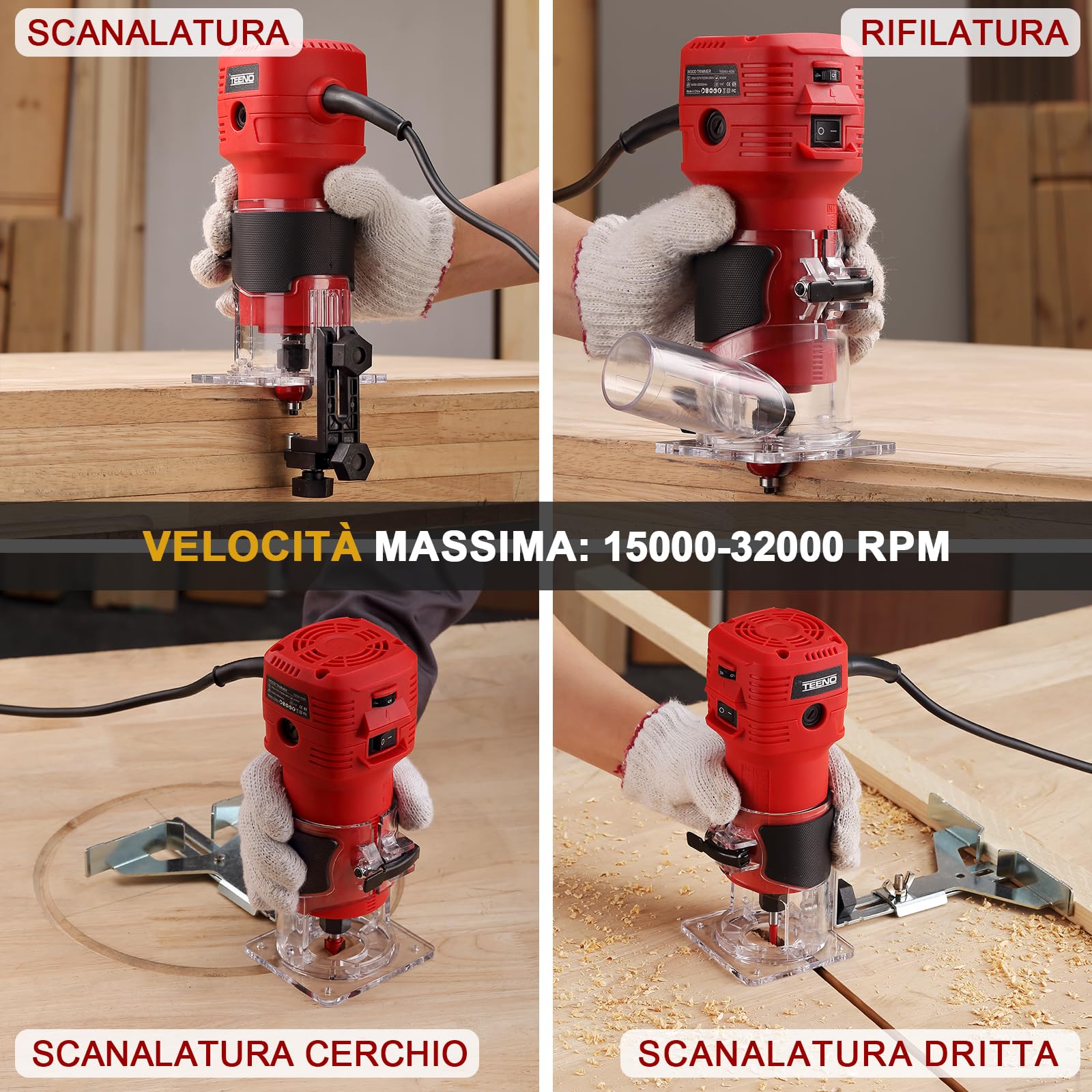 TEENO Rifilatore Fresatrice Verticale per Legno 800W 15000-32000 RPM Con Copertura Antipolvere, Legno Rifilatrice Elettrica Con 5 pezzi 1/4" Fresatura Cuter, 6 Velocità Variabili, Mandrino 6/6.35mm