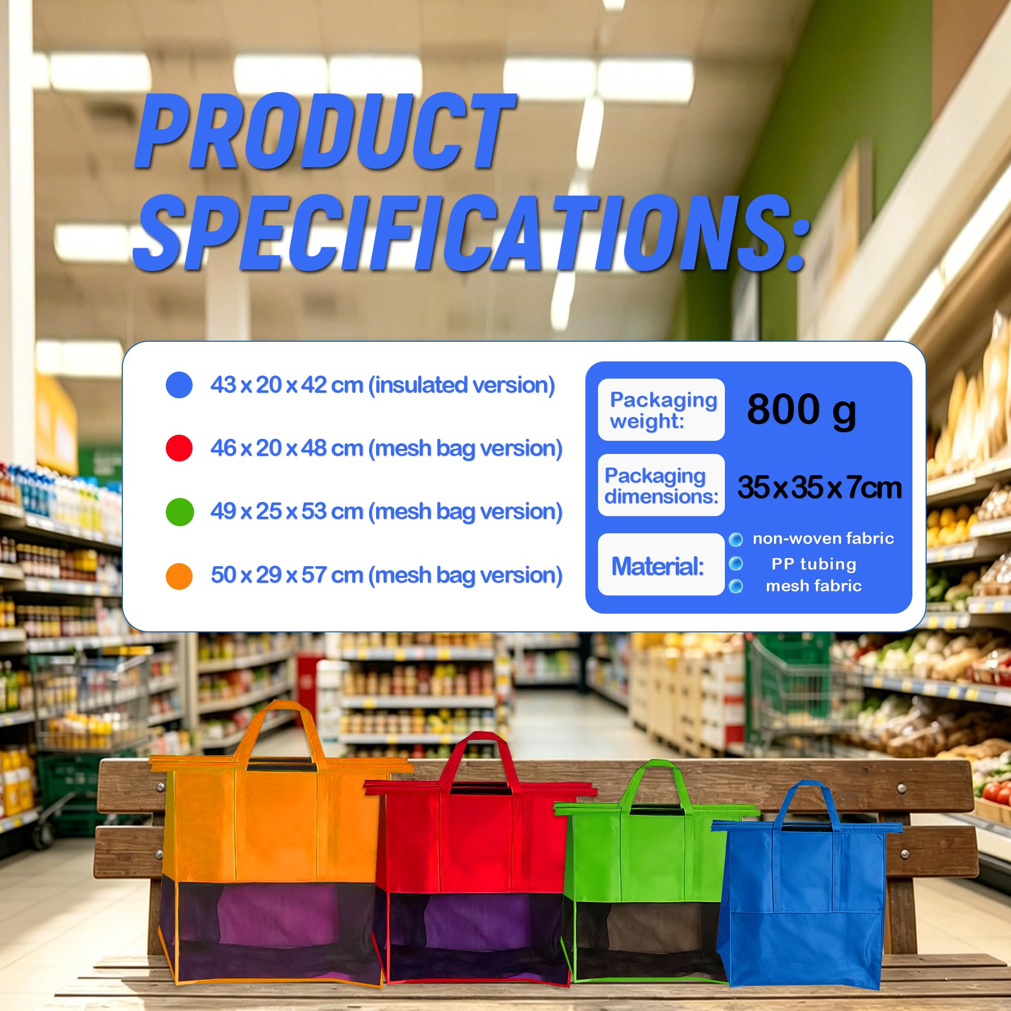 auvstar Set di 4 Borse per Carrello Spesa Supermercato,1 Borsa Termica blu e 3 Sacchetti in rete Riutilizzabili,Borsa Pieghevole con Manici e Chiusura in Velcro,Carico 23kg
