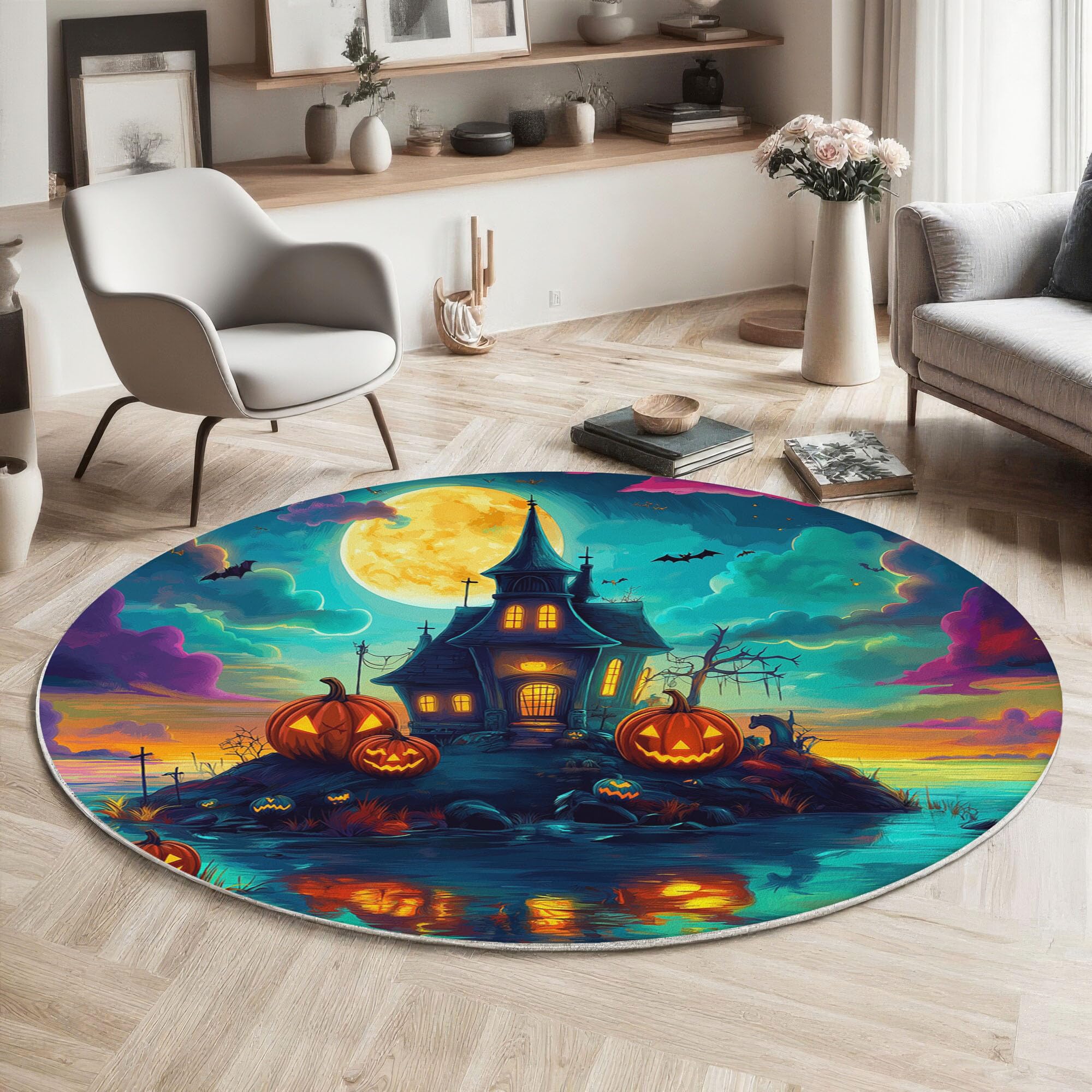 Tappeto Rotondo Castello Zucca Isola 180cm Ciano Tappeti | Lavabile in Lavatrice, Antiscivolo, Pelo Corto Tappeto Rotondo Halloween Fantastico per Camera Da Letto, Soggiorno