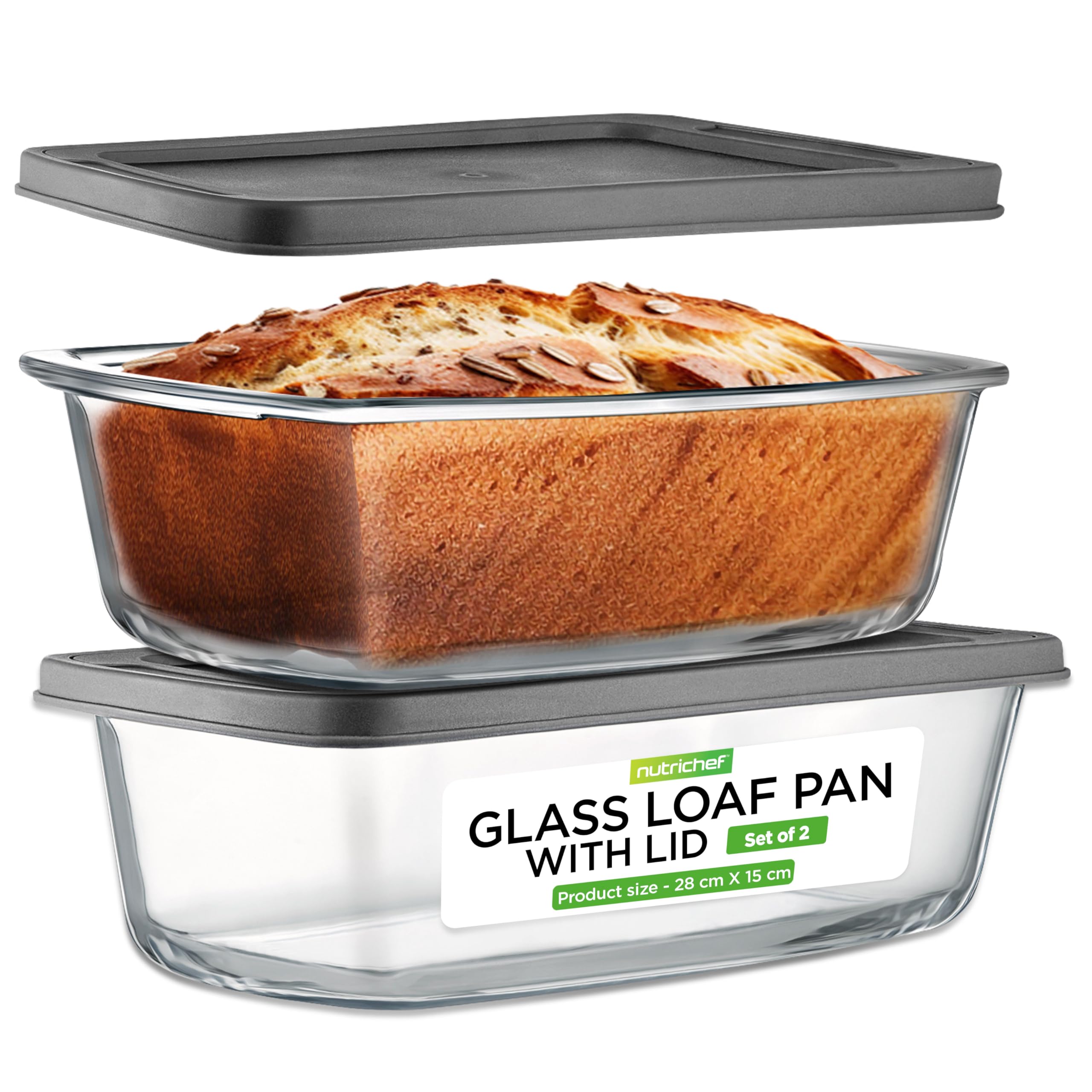 NutriChef Glass Loaf Tins with Lids Set of 2 – 1.8 L Borosilicate Baking Dish, Airtight Storage Container for Bread, Cake and Lasagne, Freezer to Oven Safe