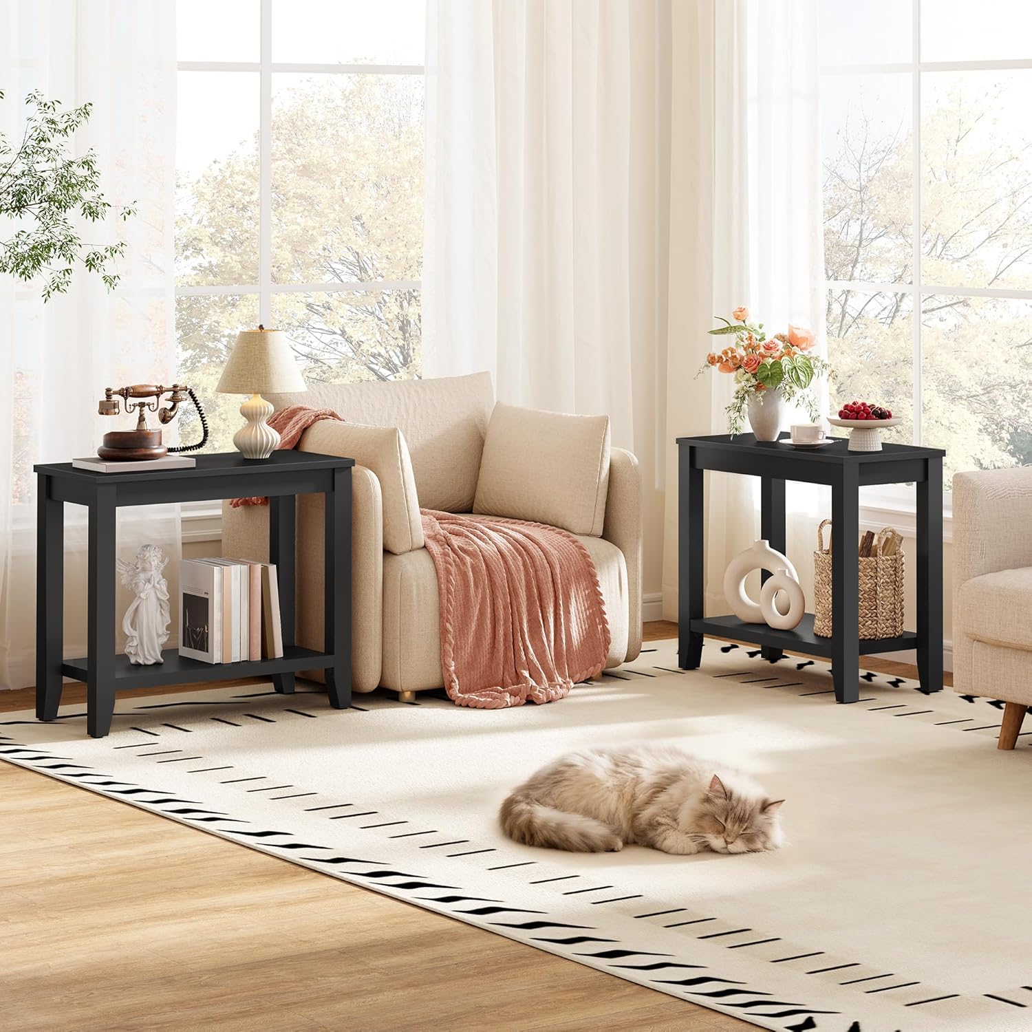 Hoctieon End Table with Double Storage Shelves, Sturdy Wooden Side Table for Living Room, Bedroom, Modern Nightstand Sofa Table for Small Spaces, Black