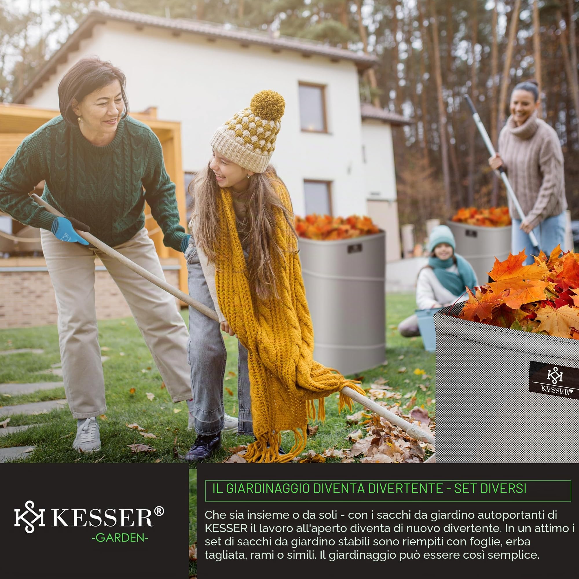 KESSER® Set di Sacchi da Giardino Pop-up - 2x 219 Litri, Sacco per Rifiuti da Giardino con Guanti, Autoportante con Maniglie, Robusto, Robusto e Richiudibile, Grigio/Nero
