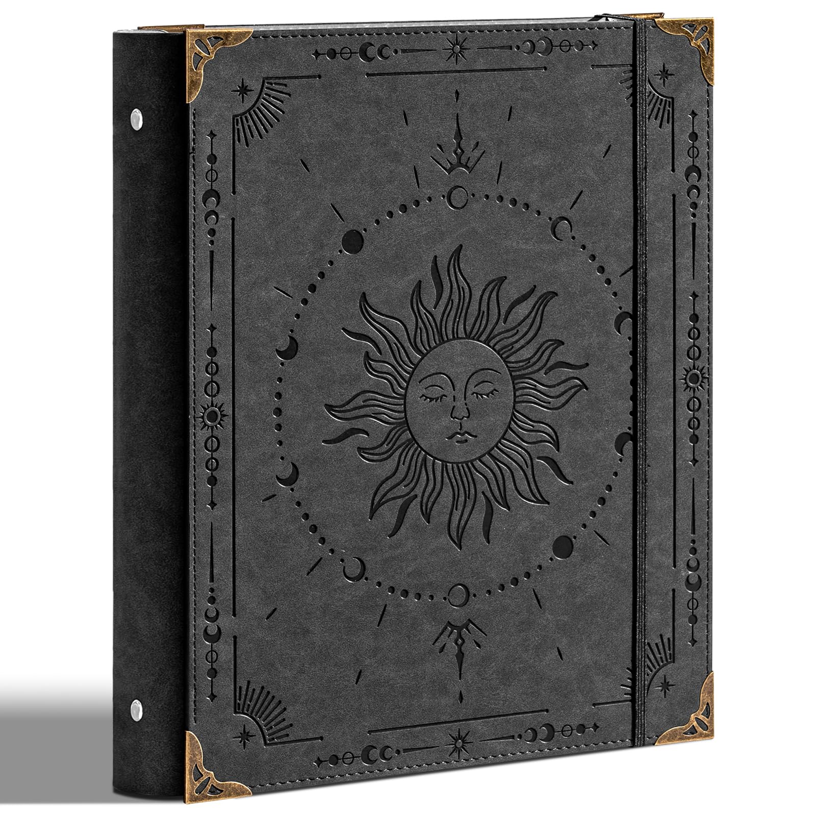 Ovesmusl PU Leather 3 Ring Binder Fits 8.5"x11" Letter Size Paper, 2 Inch Round Ring Binder Holds 500 Sheets, Notepad Paper Cover Loose Leaf Organizer, Black Sun
