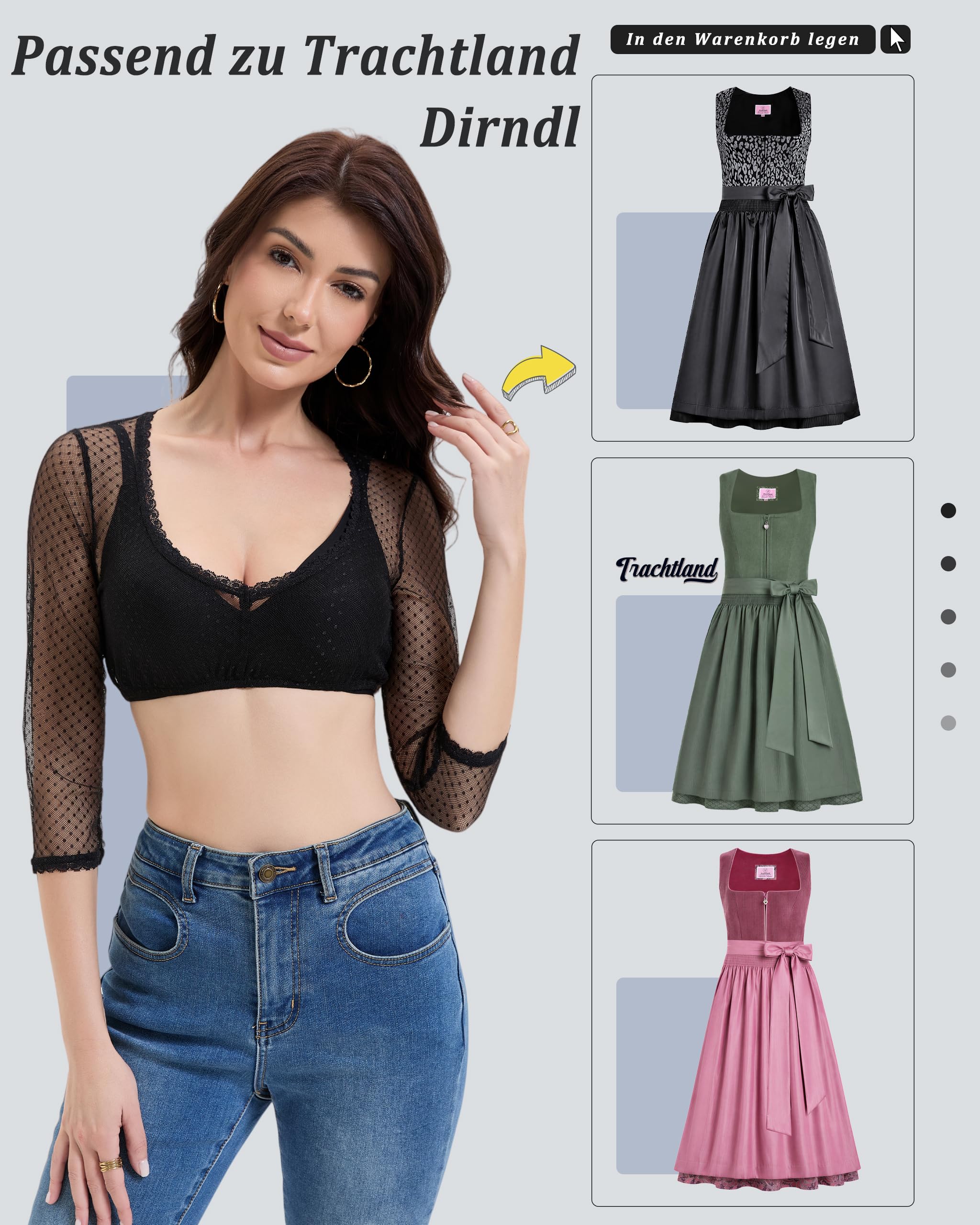 Camicietta Dirndl Donna Manica Lunga per Costume Tradizionale Oktoberfest Elegante Trasparente con Scollo a V Nero Taglia 34-44