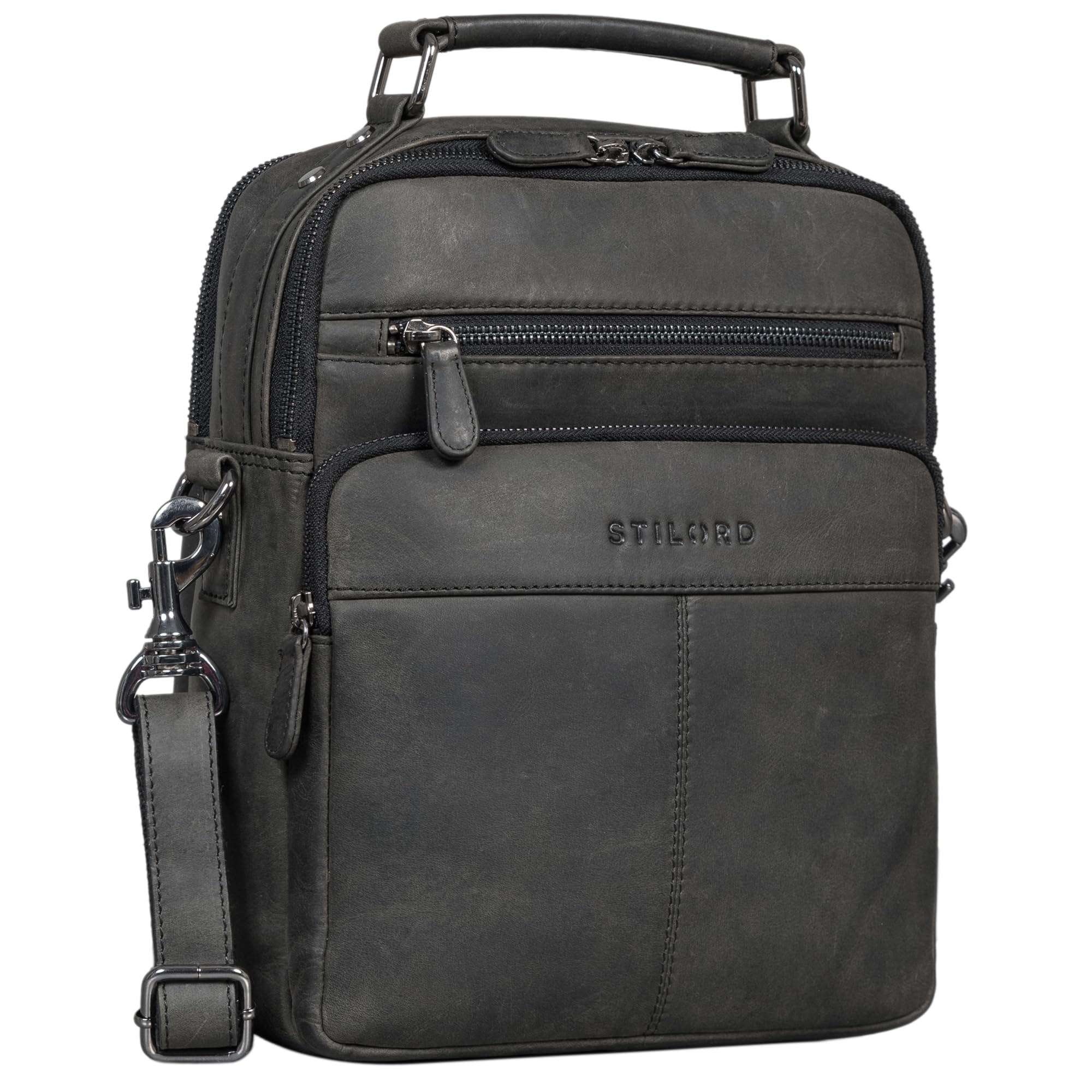 STILORD 'Joe' Bolso de Moda para Hombre Cuero Bolsos de Hombro de Cuero auténtico para Estudiante Tablet Piel Auténtica Mensajero, Color:Carbon - Gris