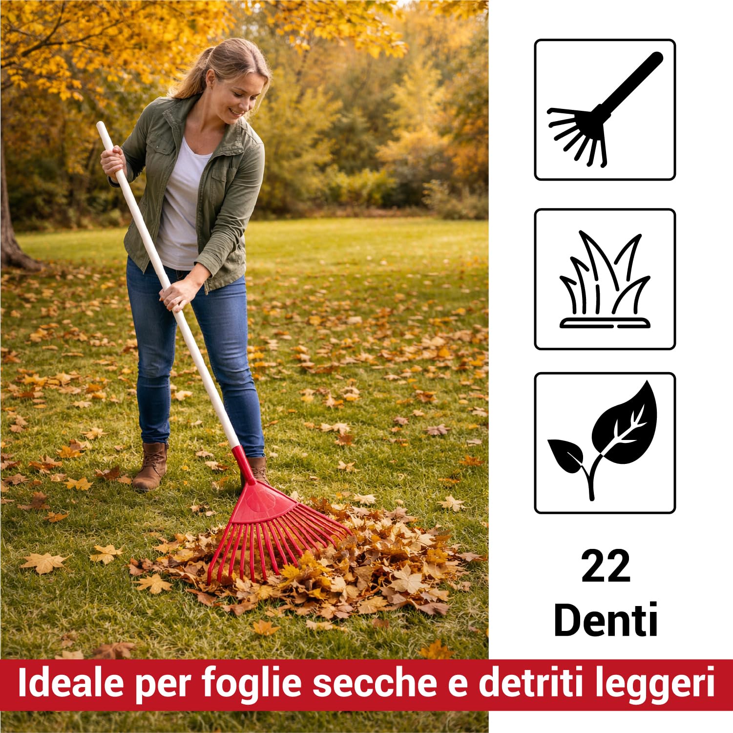 Crisalide®- Rastrello In PVC 22 Denti 40x40CM Con Barra Di Rinforzo, Completo Di Manico In Faggio 150CM, Ideale Per Foglie E Piccoli Detriti