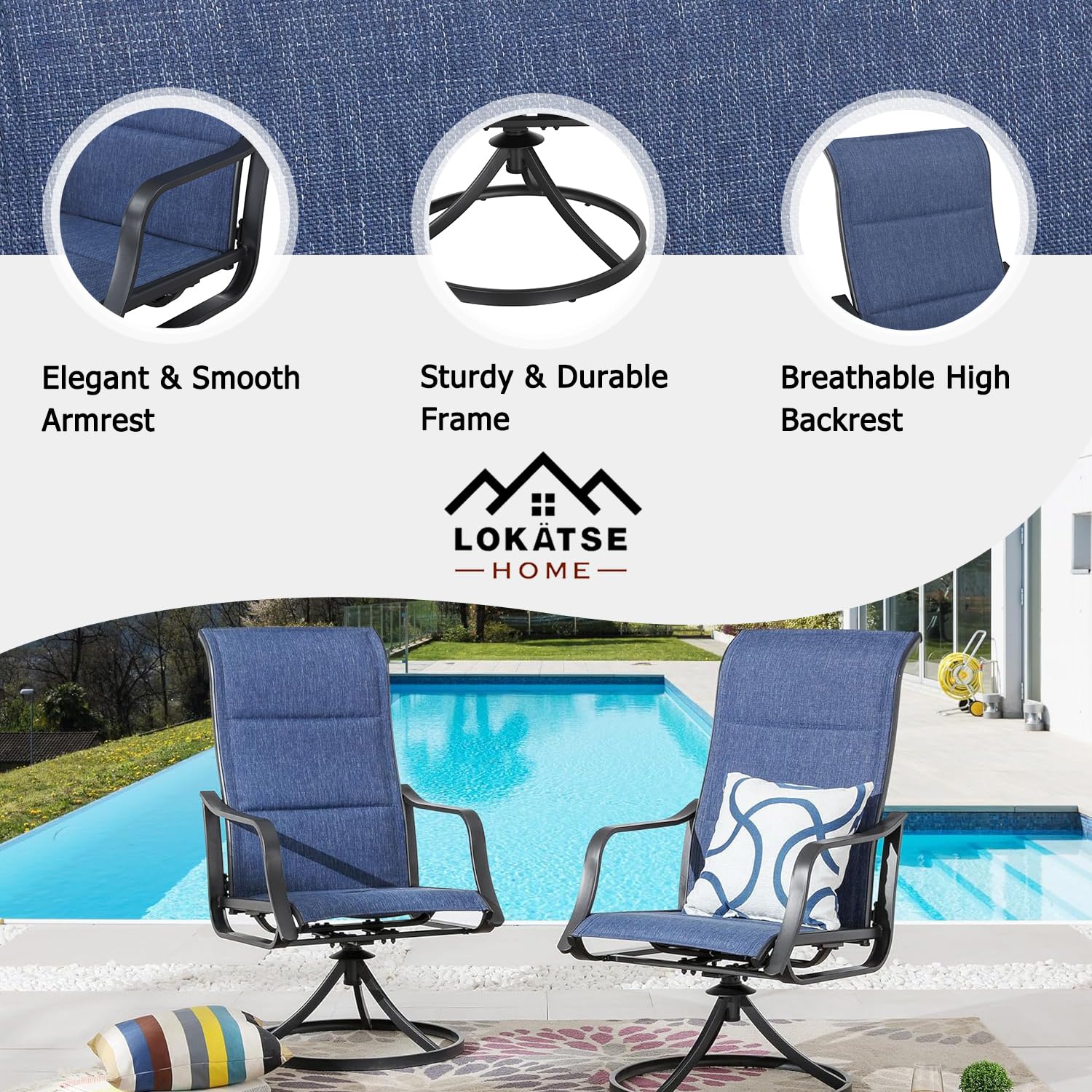 2x LOKATSE HOME Gartenstühle Mit Hoher Rückenlehne – Blaue Metall-Stühle Für Terrasse, Pool & Garten