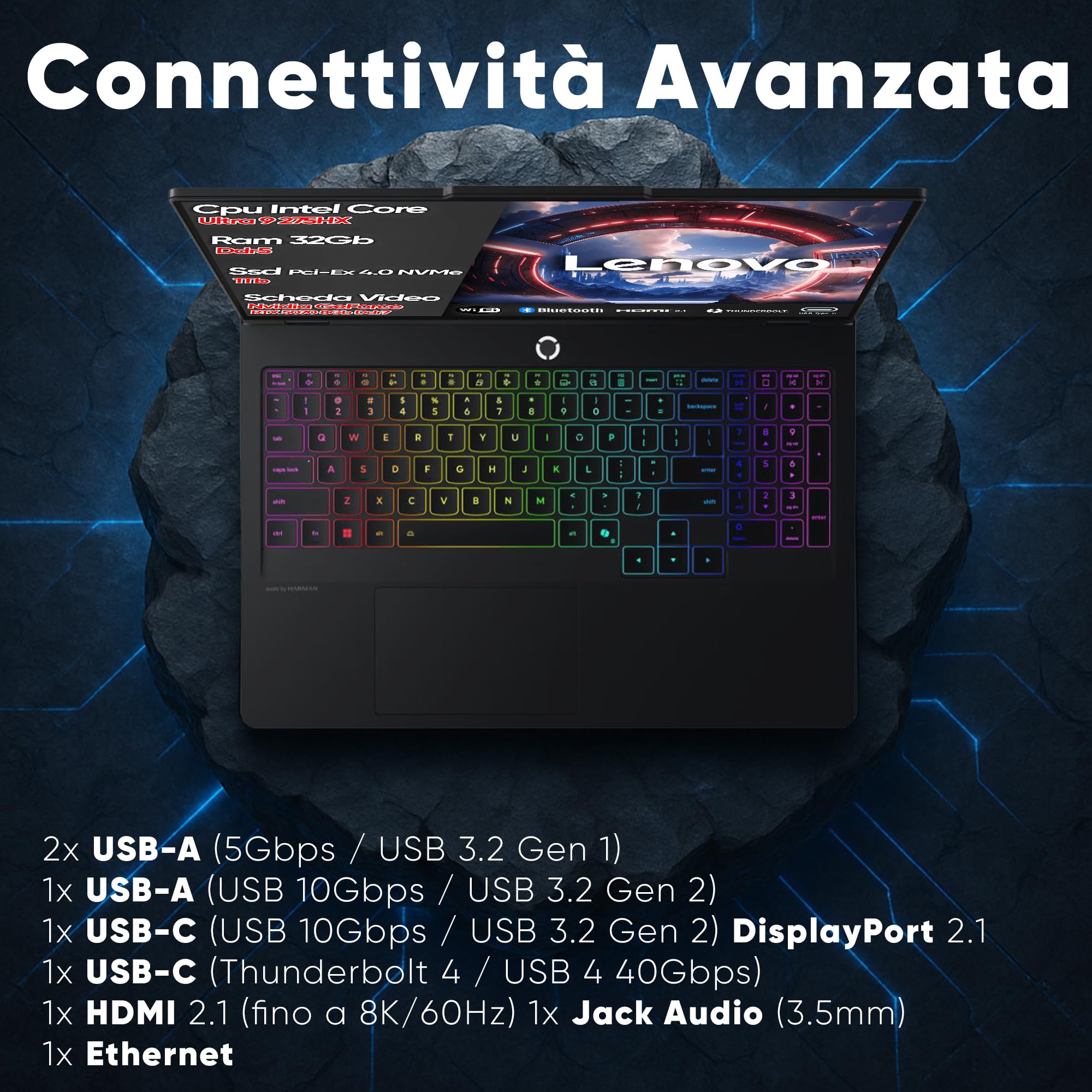 Lenovo Legion Pro 5 Pc Gaming Portatile ULTRA 9 275HX 20 Core, 32 GB RAM DDR5, GeForce RTX 5070 8GB, SSD 1TB, Notebook Gaming Oled Display 16" 165Hz,Laptop Gaming Tastiera RGB, WiFi 7, Thunderbolt 4