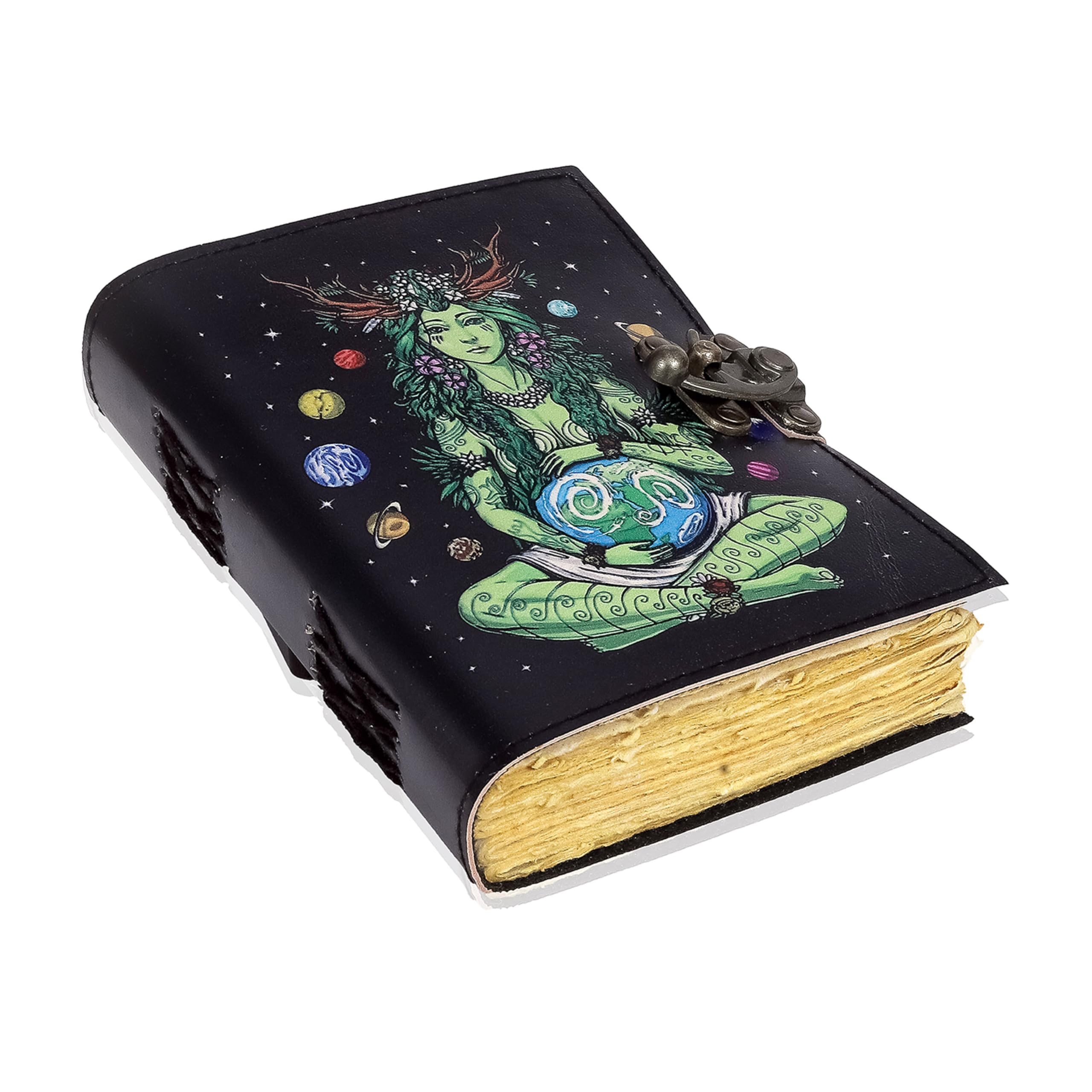 Book of Spells Mother Of Earth Leather Bound Journal Deckle Edge Paper Tree of Life Antique Embossed Bound Daily Notebook With Colorful Print Journal