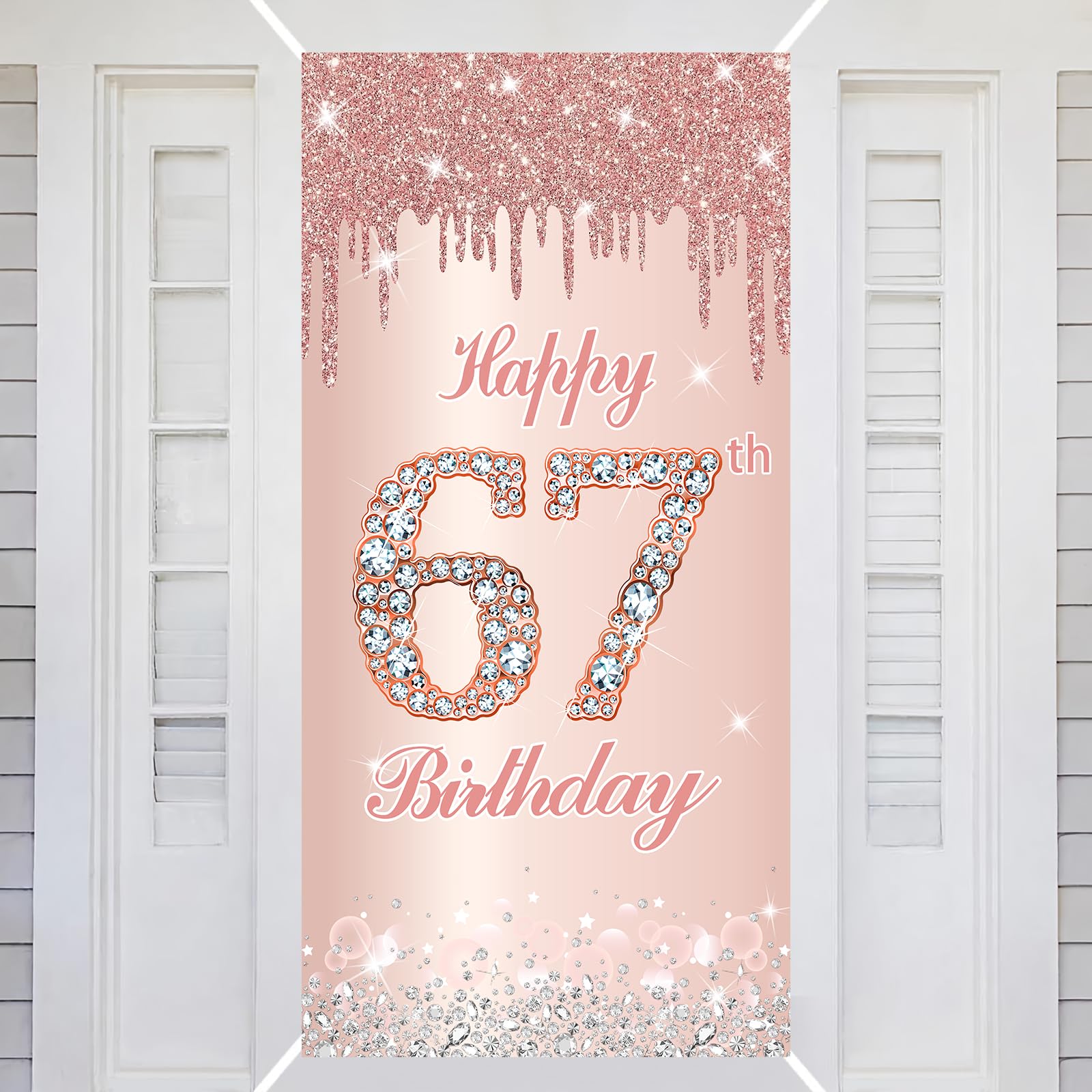 67th Happy Birthday Decorations Door Banner Pink Rose Birthday Banner for Party Backdrop for Women Door Cover Party Decoration Supplies Poster