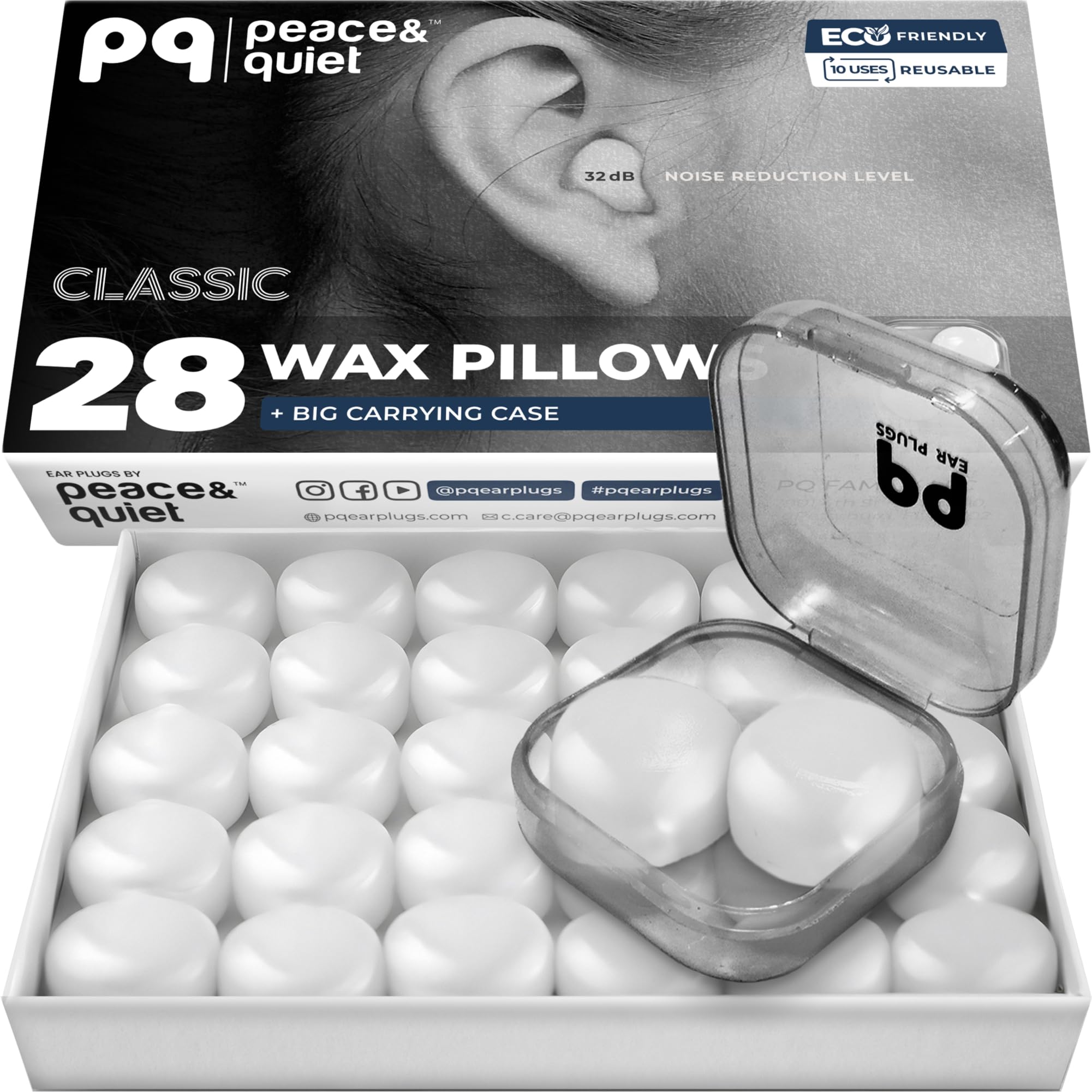 PQ Silicone Ear Plugs for Sleeping - 28 Silicone Earplugs for Sleeping and Swimming - Noise Cancelling and Ear Protection with Gel Earplugs - Sound Insulation Level 32 dB Sleep Earplugs, 28 Pillows