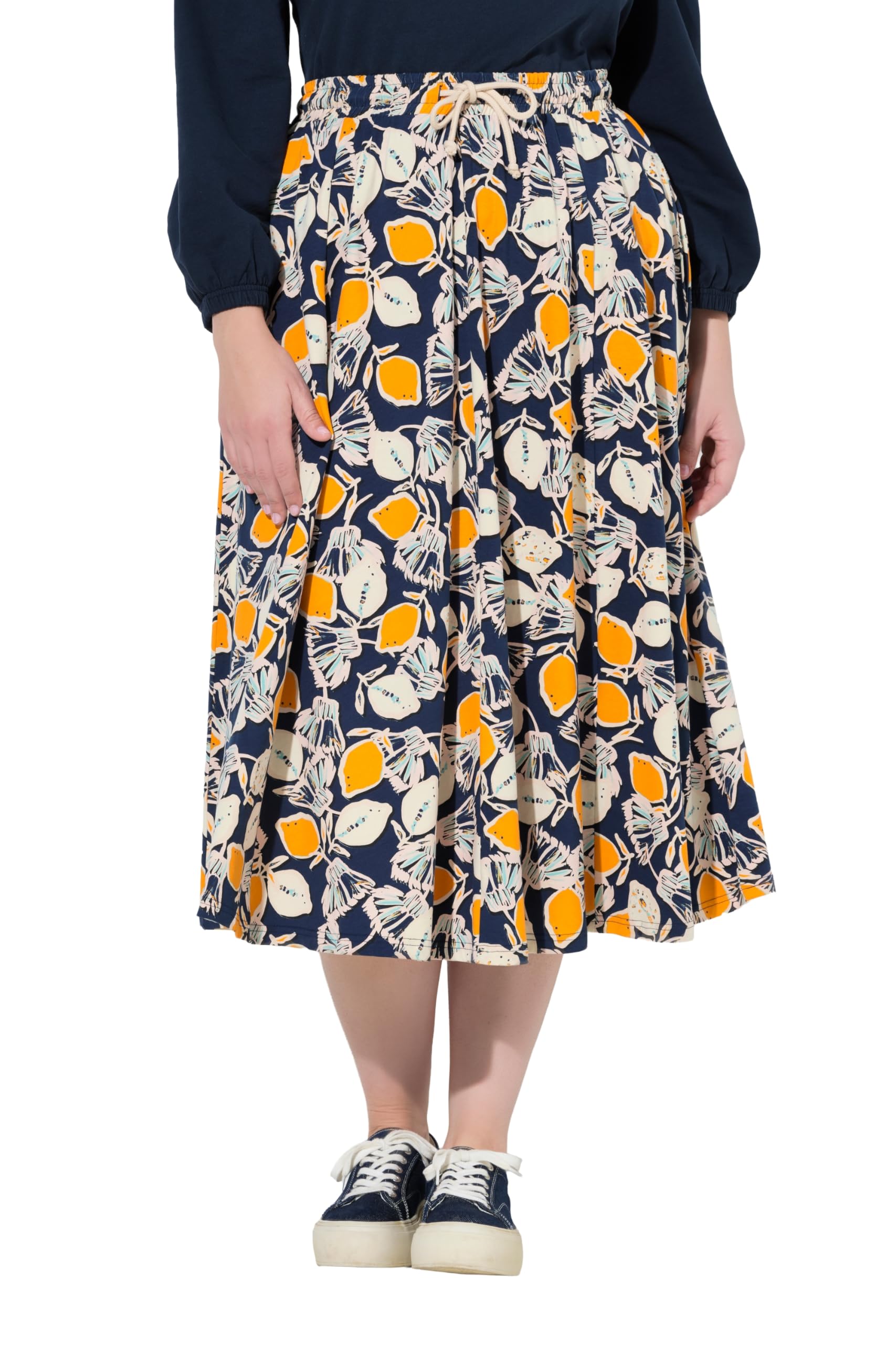 Ulla Popken Damen große Größen Übergrößen Plus Size Midirock, Zitronen, Elastikbund, Taschen, Biobaumwolle 846166