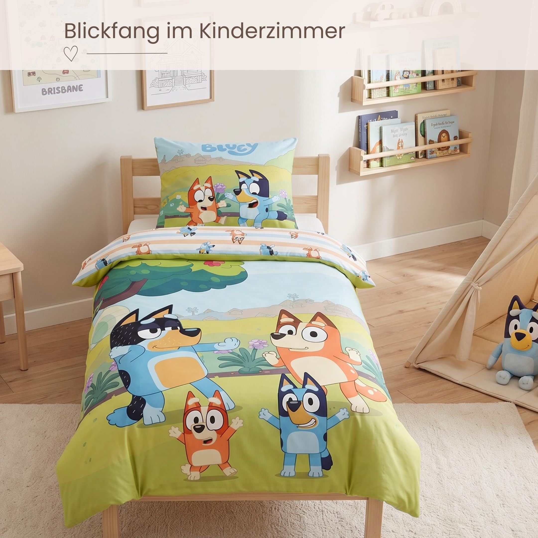 MTOnlinehandel Bluey Bettwäsche 135x200 Baumwolle für Mädchen und Jungen, Kinderbettwäsche, 1x Kissenbezug 80x80 + Bettbezug 135x200, Bingo & Bluey Geschenk