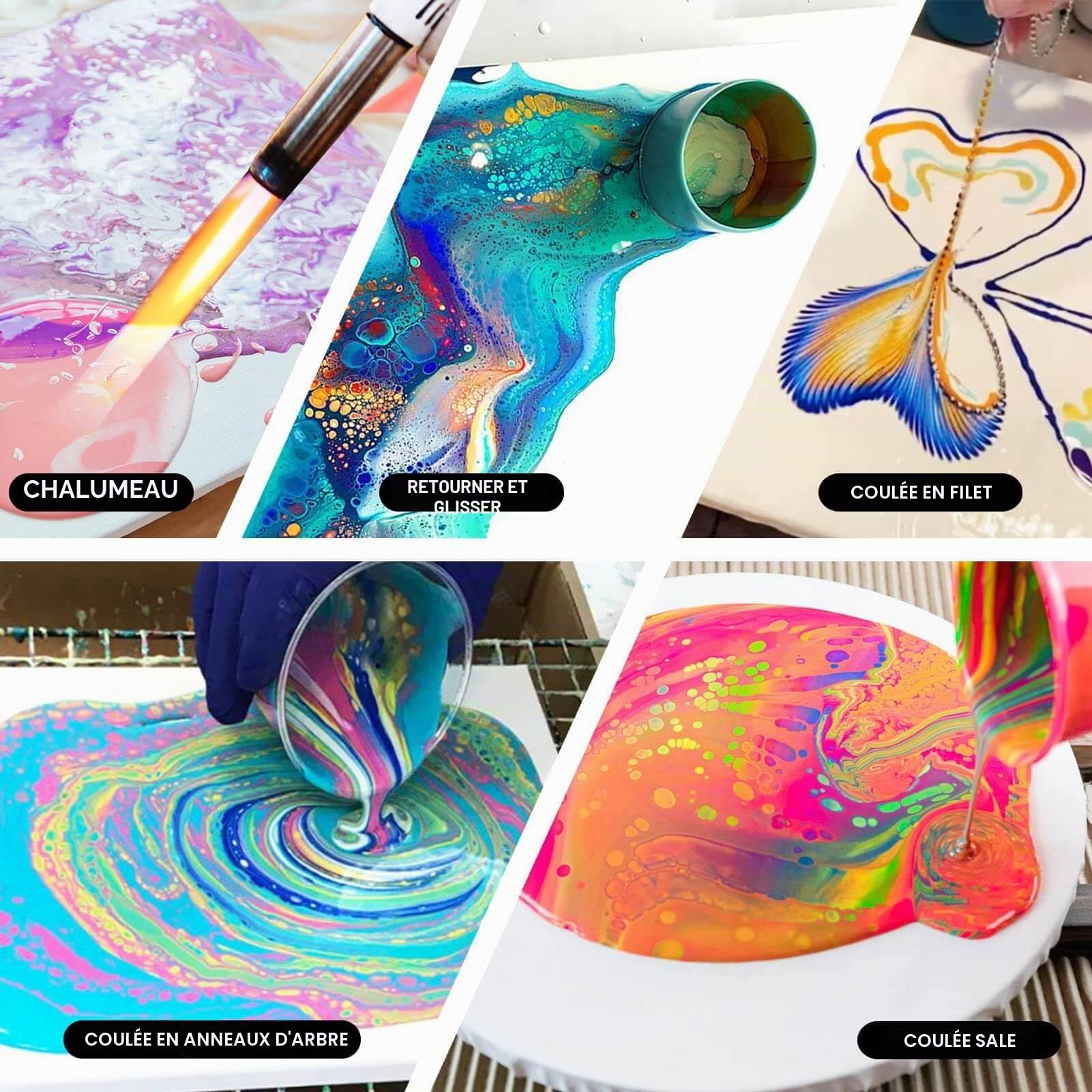 Funto Lot de 36 flacons de peinture acrylique de 60 ml, avec huile de silicone, couleurs assorties, peinture acryli, fournitures d'art pour verser sur toile, verre, bois, carrelage, rocher