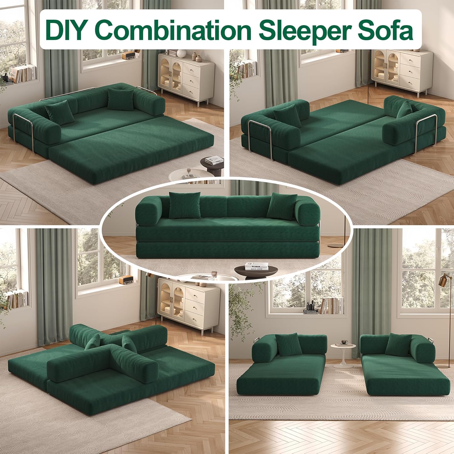 79" Convertible Sofa Bed with Pillows, Corduroy Folding Sleeper Sofa with Fixed-Shape Frame, Boneless Couch for Living Room Bedroom, Floor Sofa Lounge No Assembly Required (Green) A - Style - Green