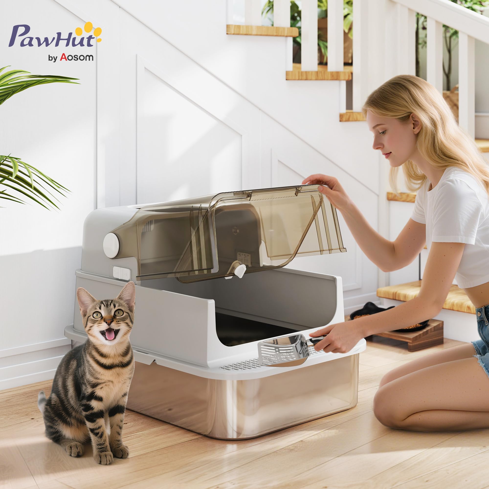 PawHut Lettiera per Gatti XXL con Coperchio in Acciaio Inox, Lettiera Chiusa con Coperchio Apribile a 90°, Doppie Porte, Paletta e Deodorante, Capacità 20 kg, 70x50x46.5 cm, Grigio